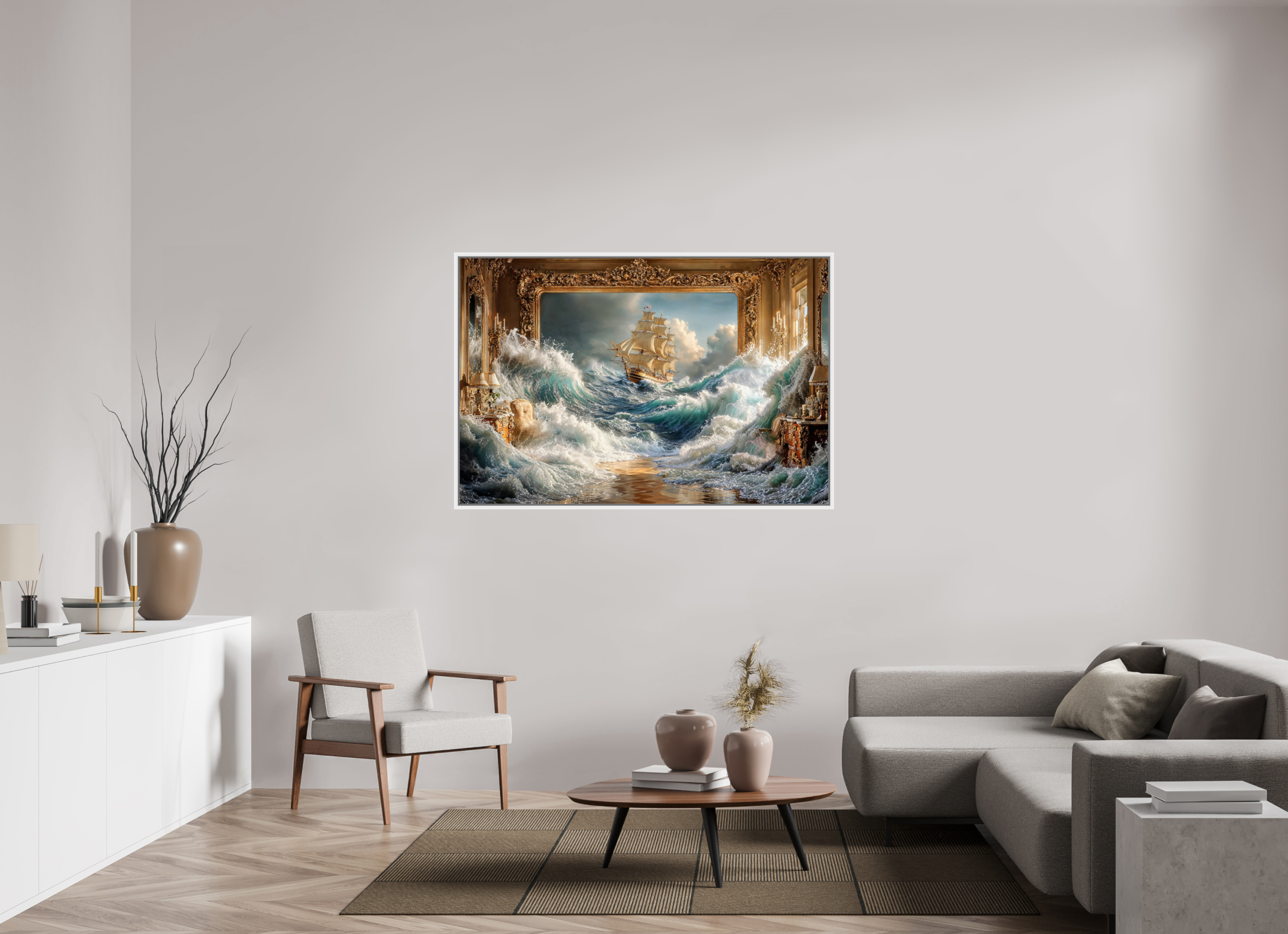 150 x 100 cm, Tirage photo sous plexi avec cadre Blanc Le bateau