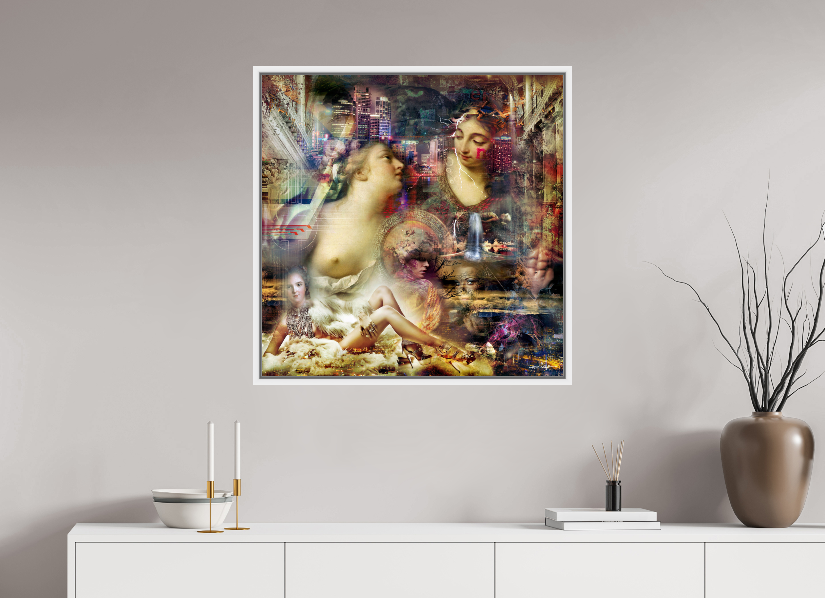 80 x 80 cm, Tirage photo sous plexi avec cadre Blanc Allégorie de l'abondance