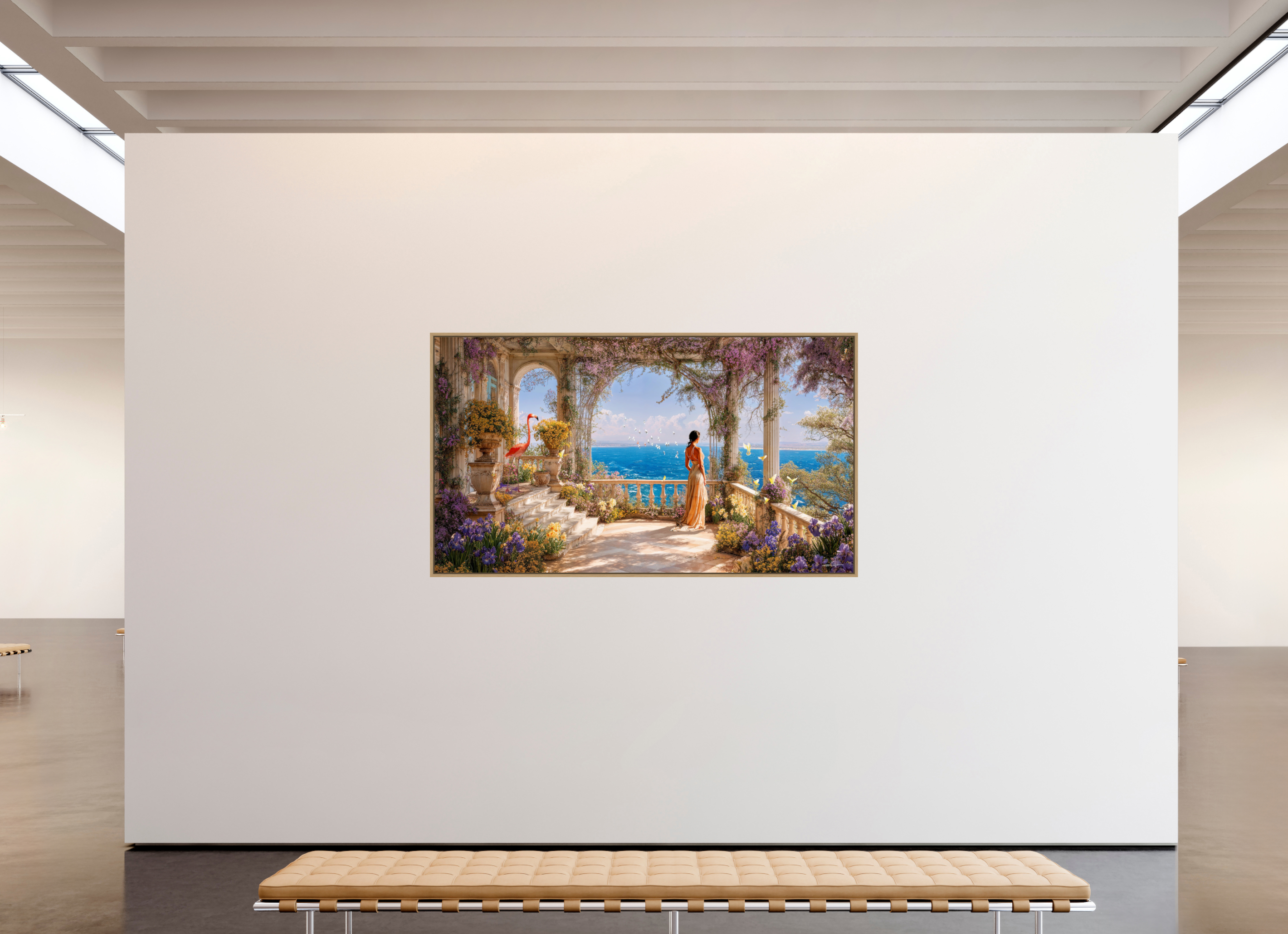 208 x 117 cm, Tirage photo sous plexi avec cadre Chêne naturel vue sur océan