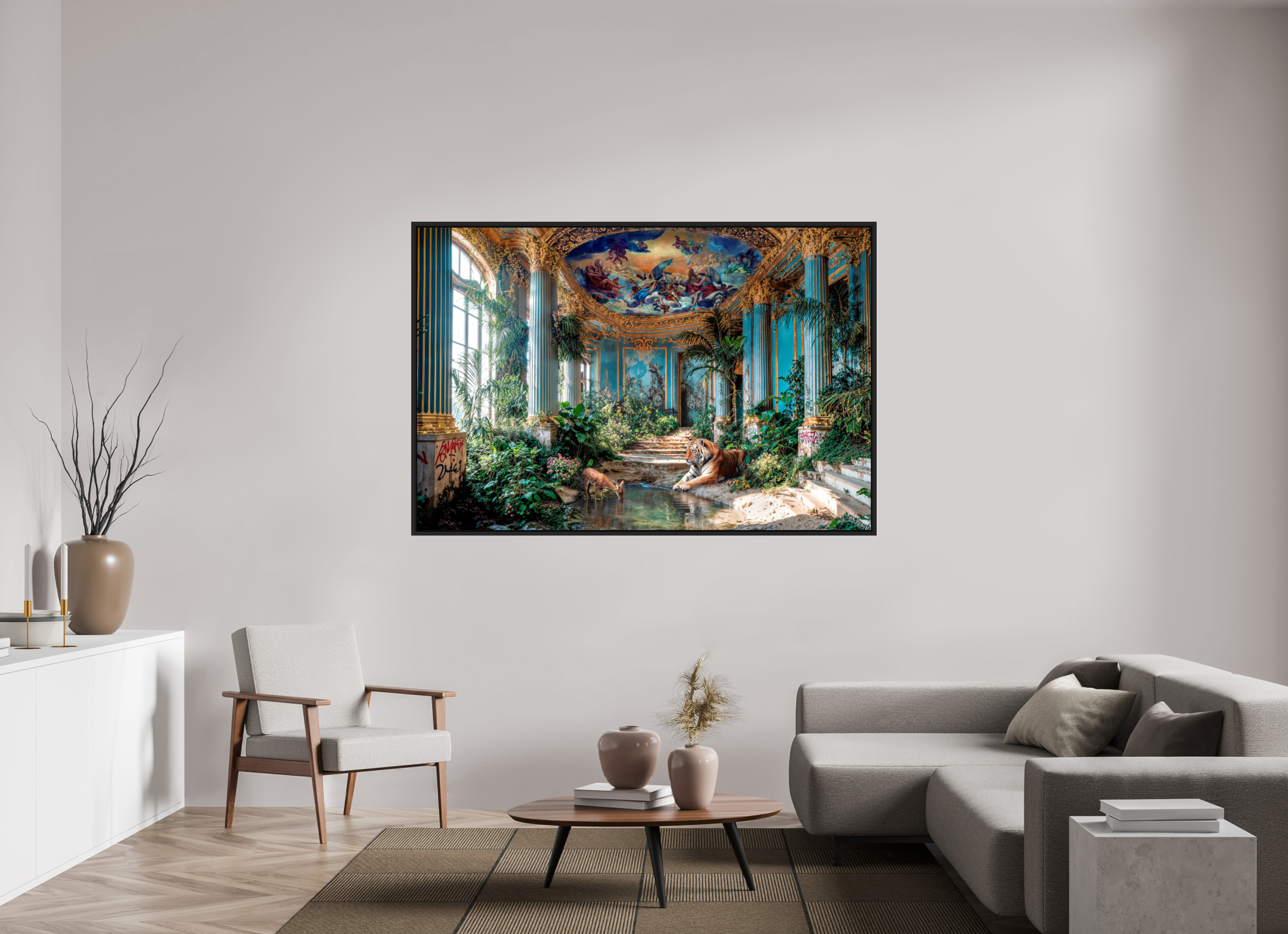 180 x 120 cm, Tirage photo sous plexi avec cadre Noir mat le tigre et le faon