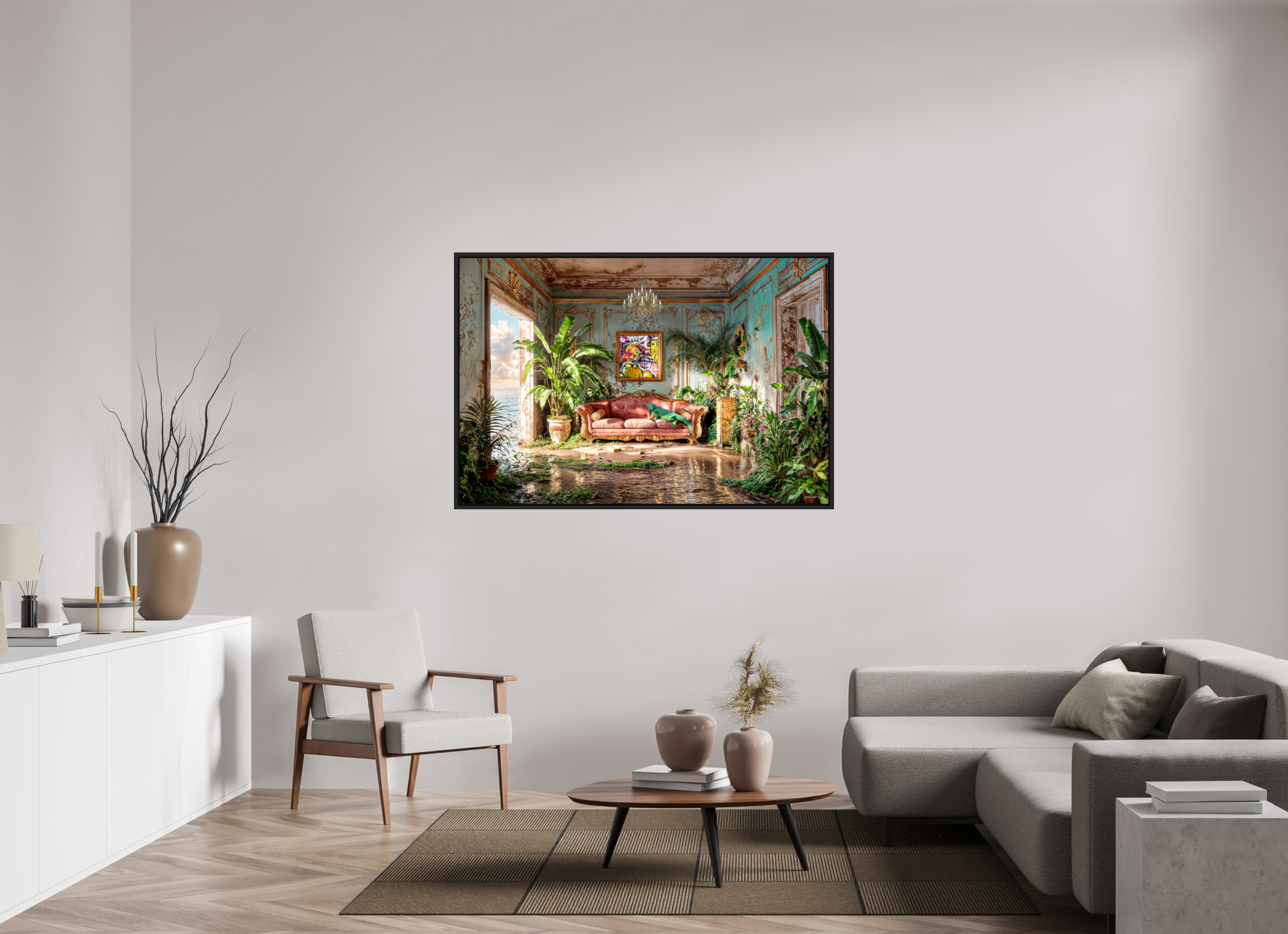 150 x 100 cm, Tirage photo sous plexi avec cadre Noir mat le salon de l'igouane