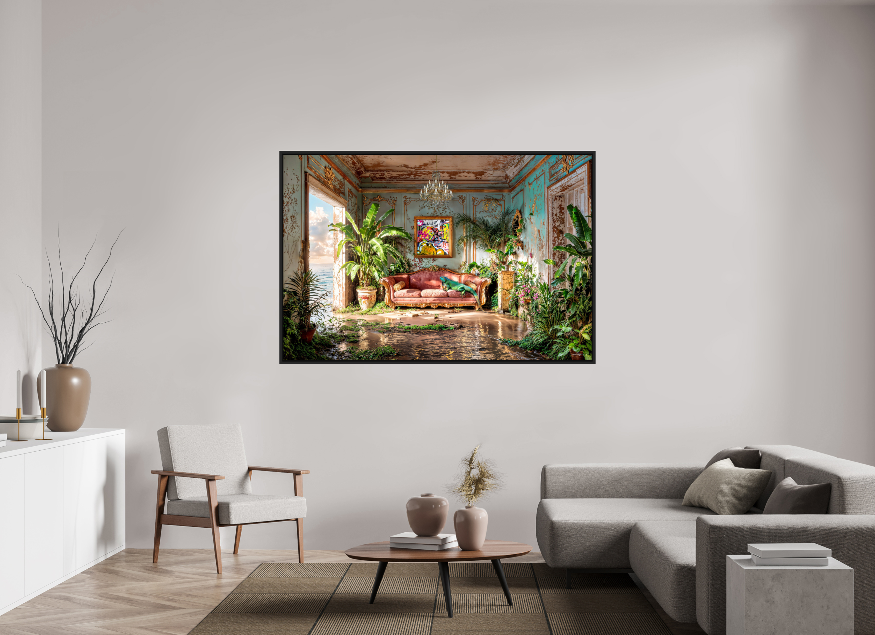 180 x 120 cm, Tirage photo sous plexi avec cadre Noir mat le salon de l'igouane