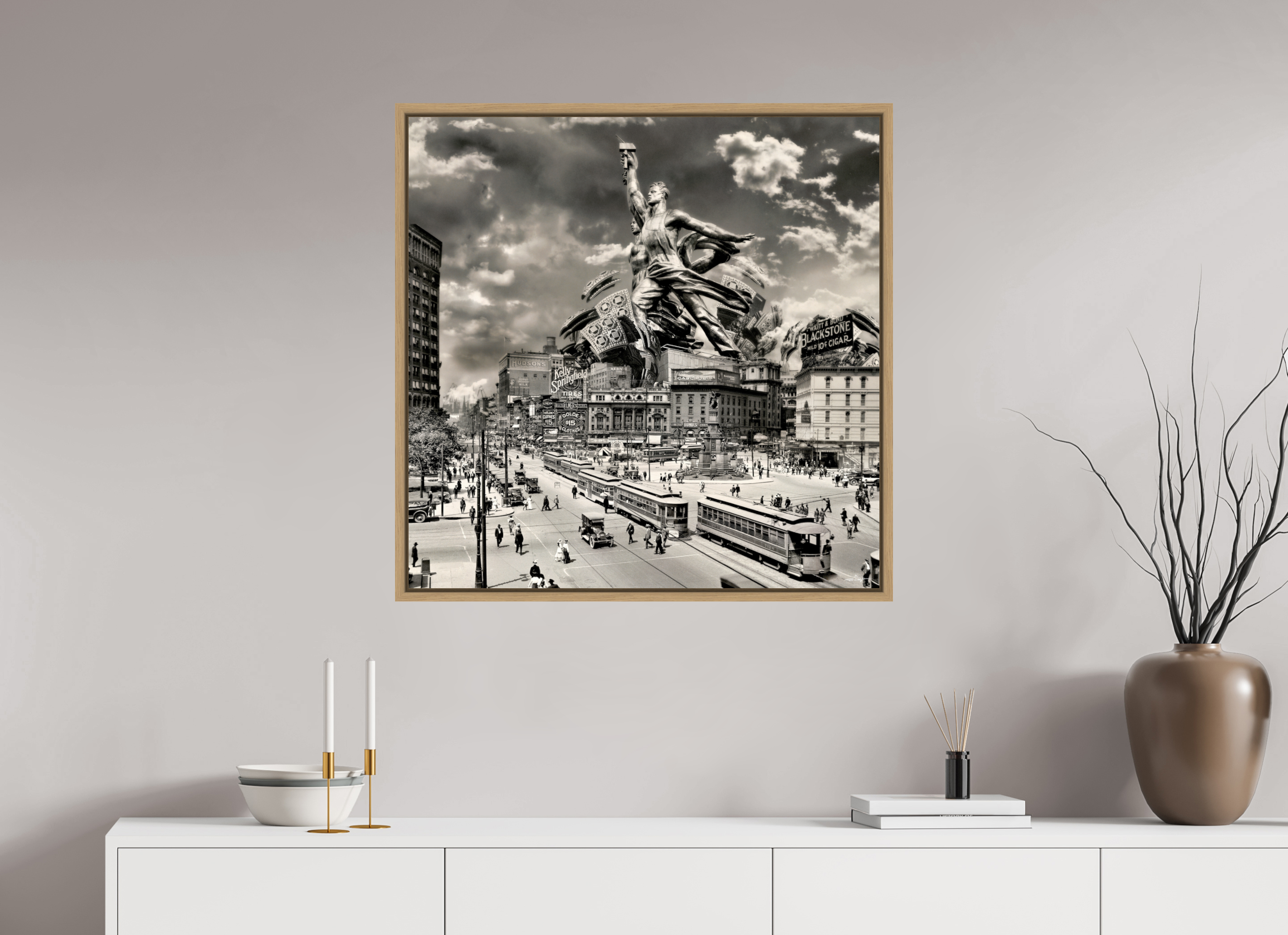 80 x 80 cm, Tirage photo sous plexi avec cadre Chêne naturel Détroit