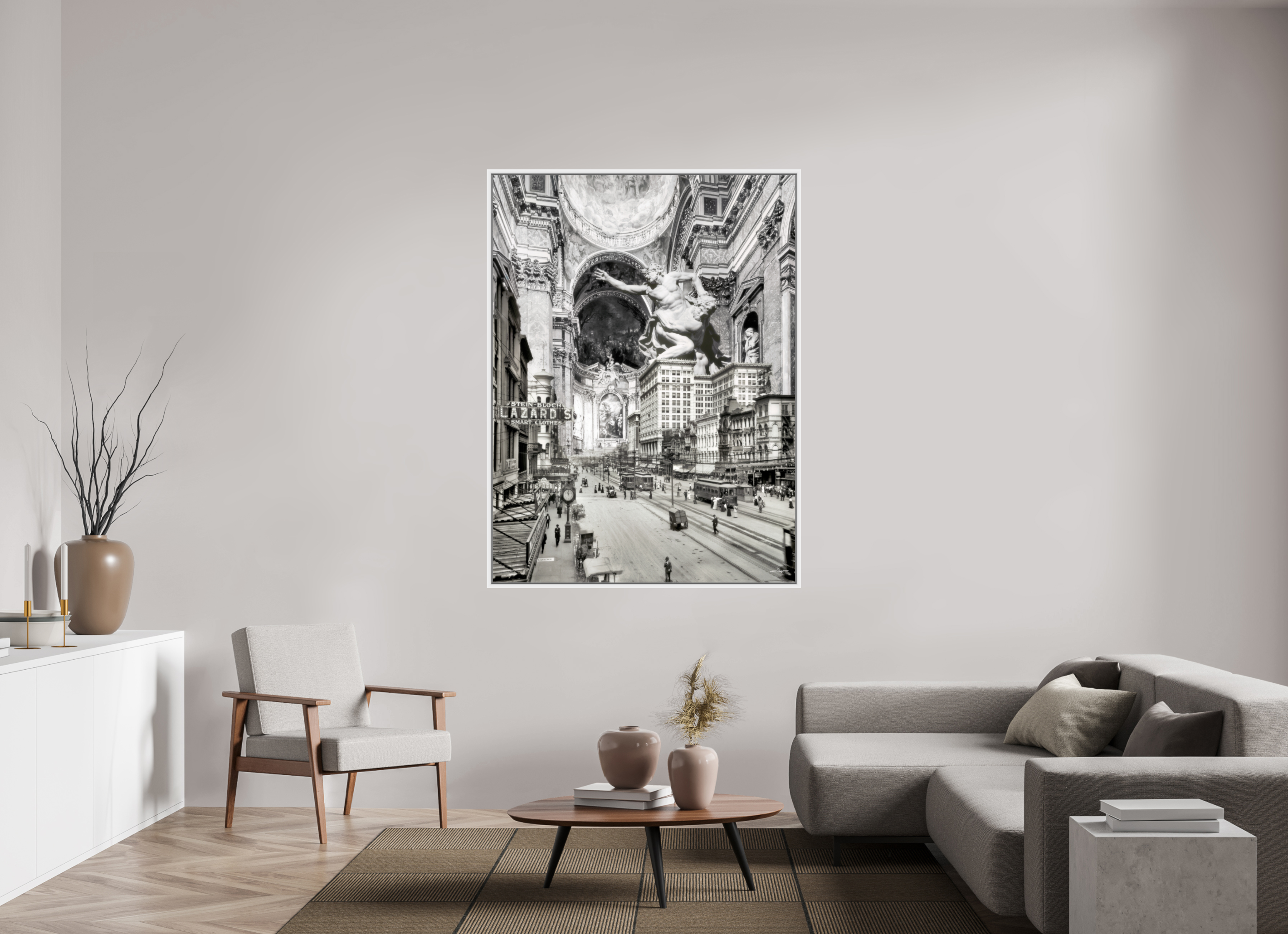 120 x 161,6 cm, Tirage photo sous plexi avec cadre Blanc Main street
