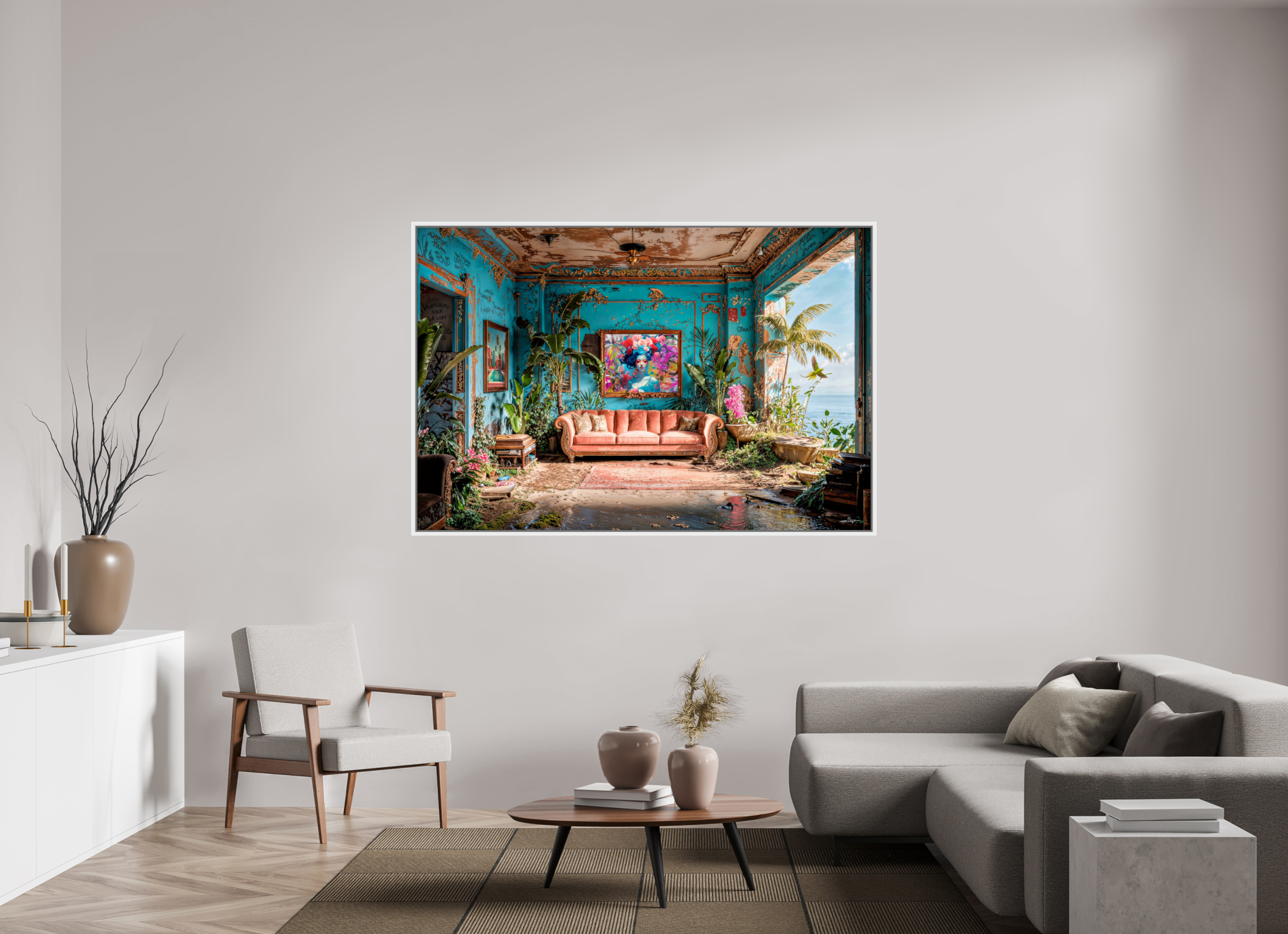 180 x 120 cm, Tirage photo sous plexi avec cadre Blanc Salon sur océan 2