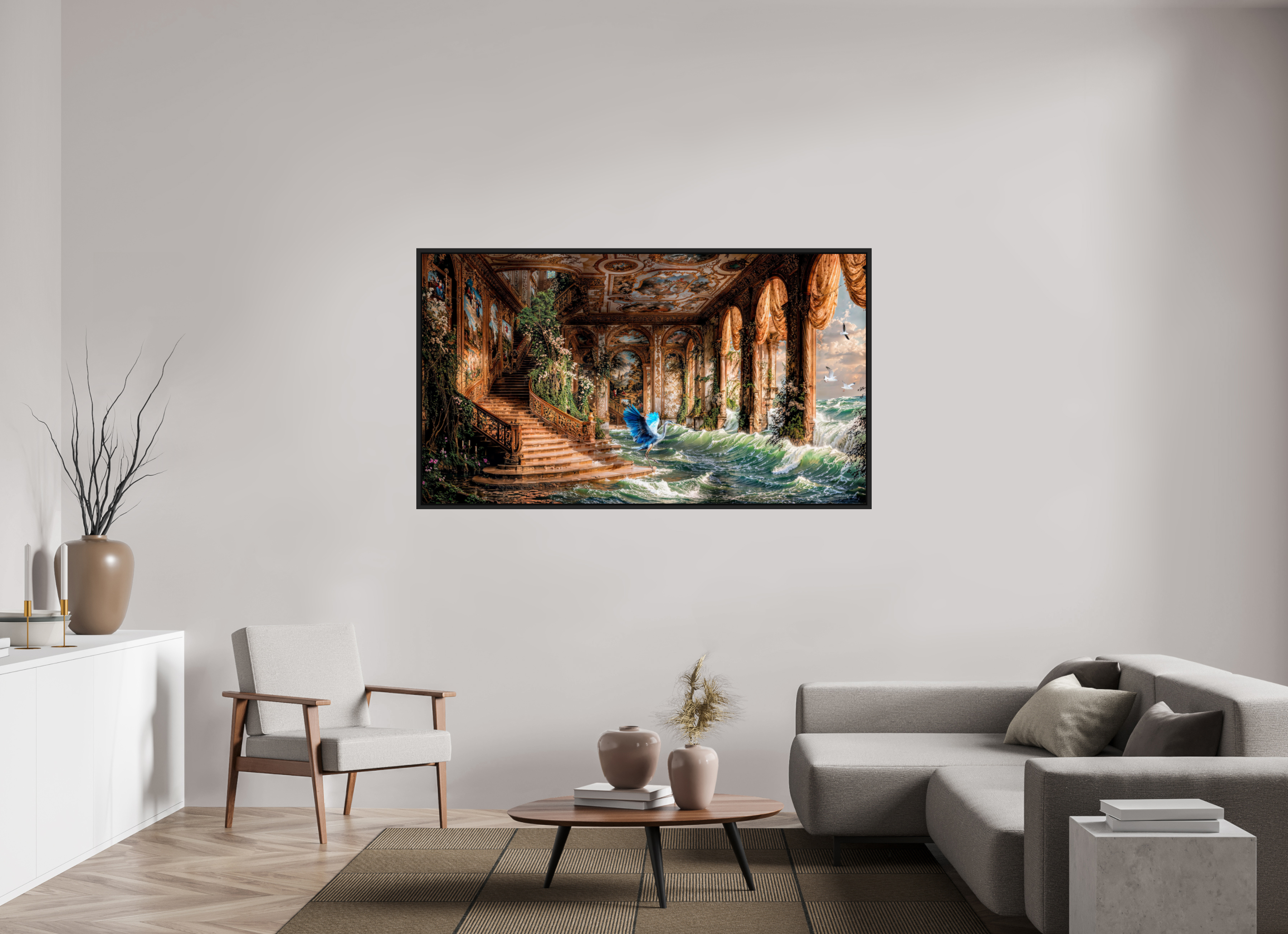 176 x 99 cm, Tirage photo sous plexi avec cadre Noir mat le héron qui peche