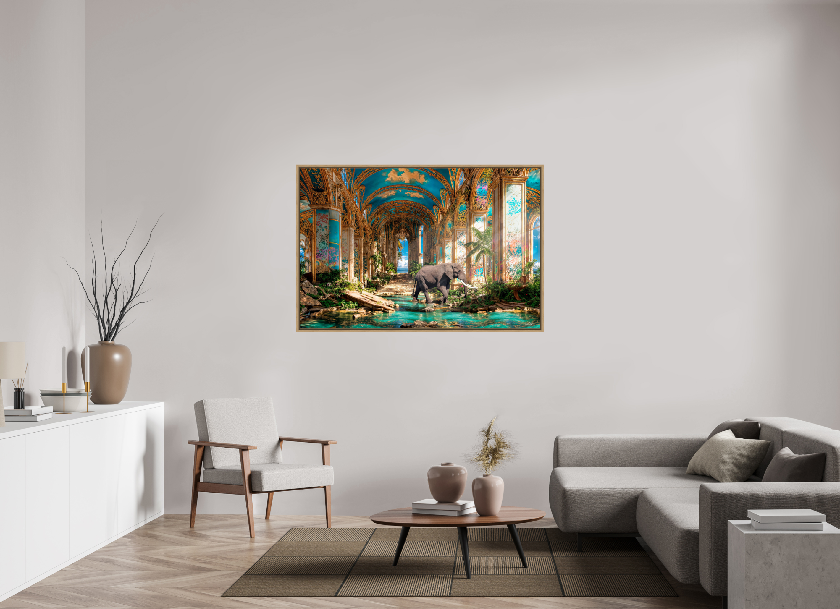 150 x 100 cm, Tirage photo sous plexi avec cadre Chêne naturel L'église abandonnée