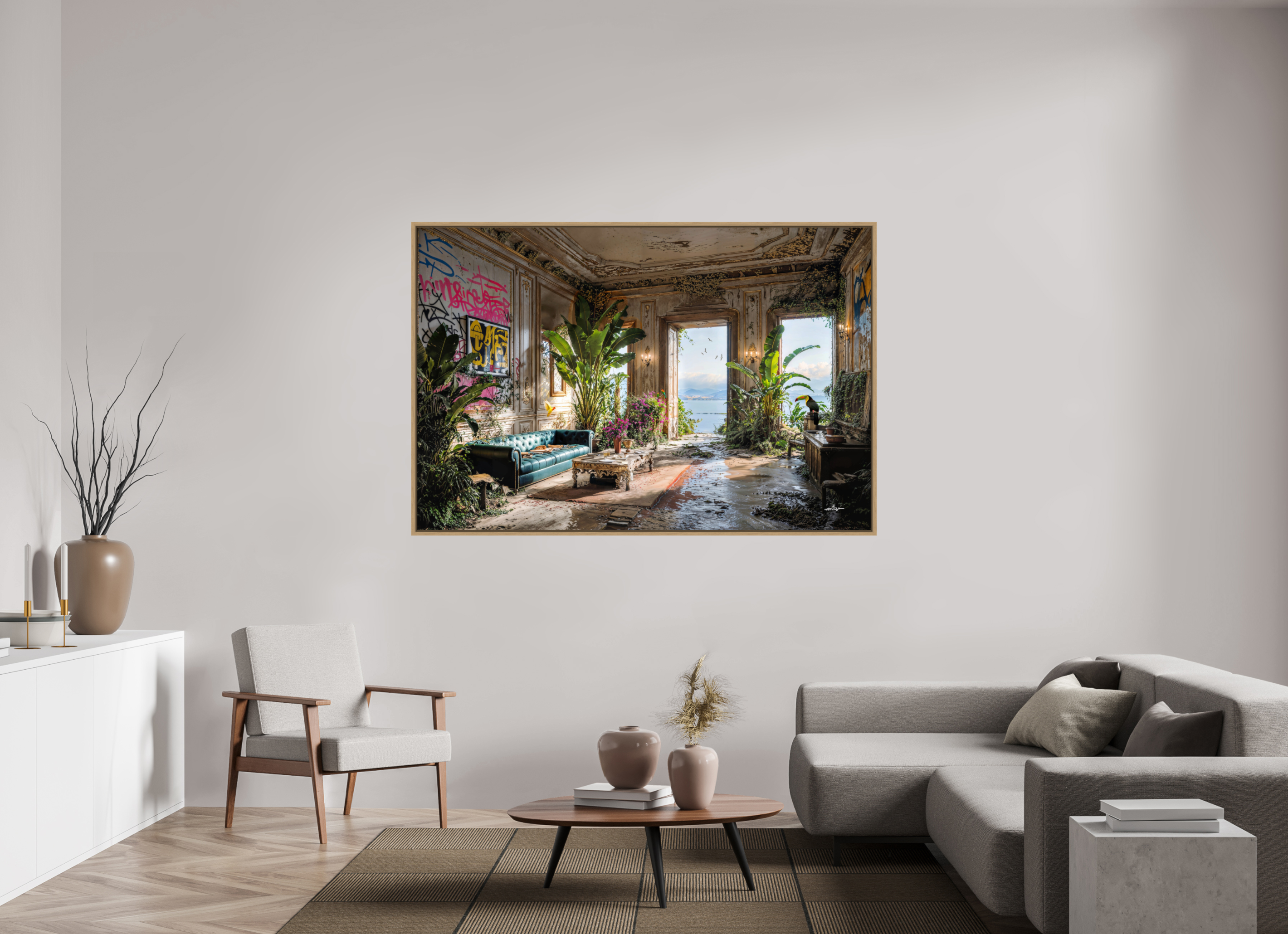 180 x 120 cm, Tirage photo sous plexi avec cadre Chêne naturel Abandonné avec vue sur océan