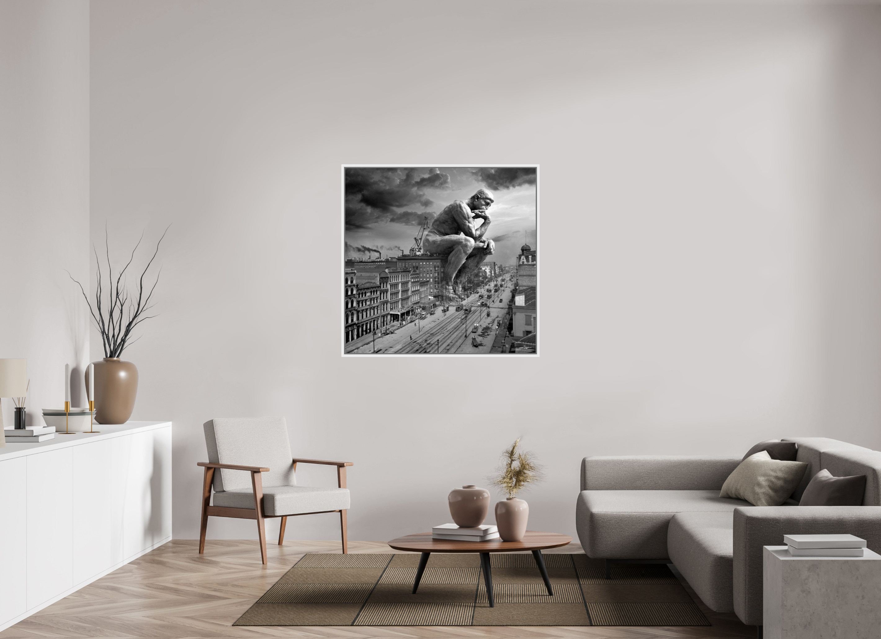 113,3 x 110 cm, Tirage photo sous plexi avec cadre Blanc The thinker