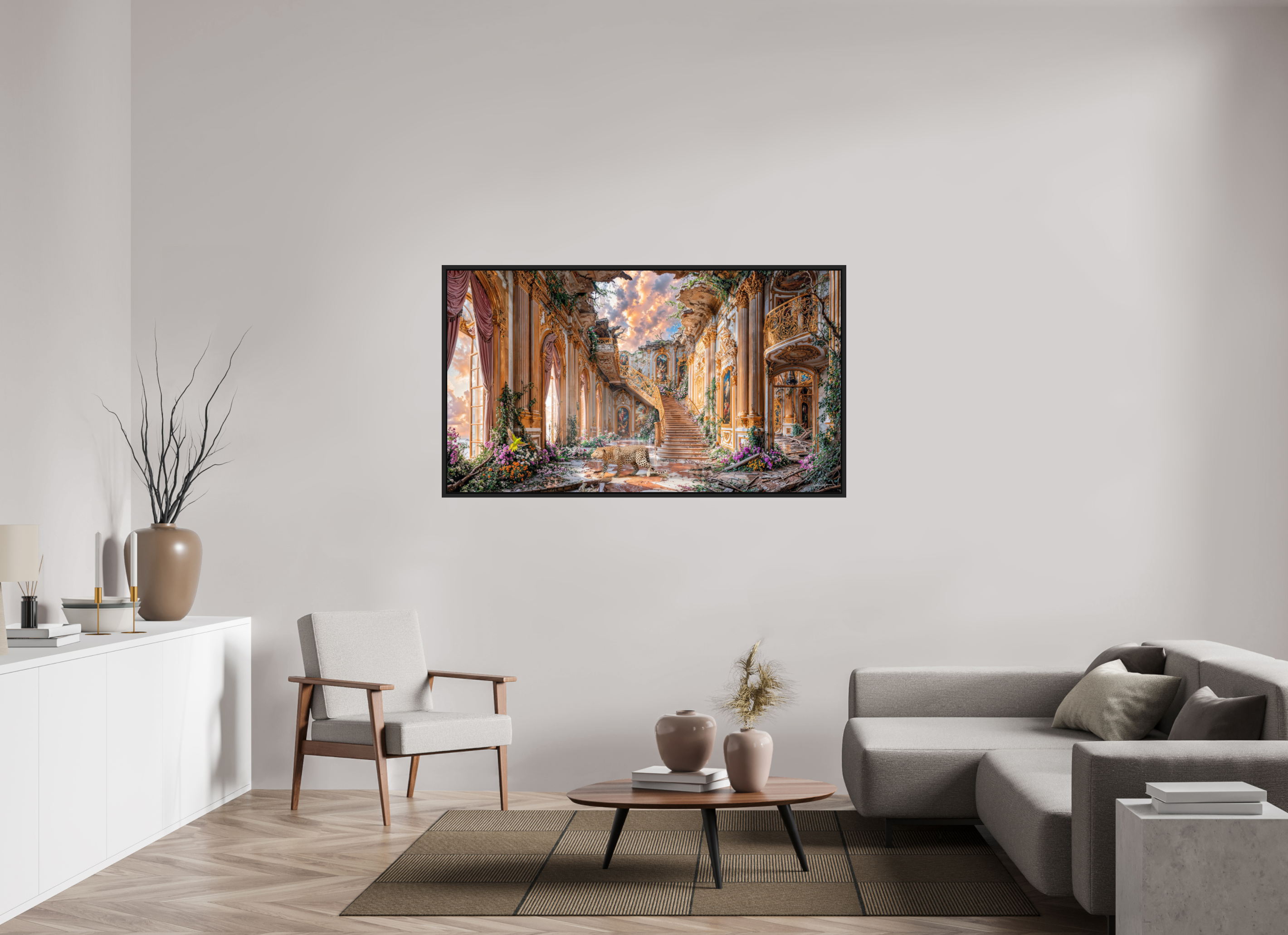 160 x 90 cm, Tirage photo sous plexi avec cadre Noir mat Le léopard et le perroquet