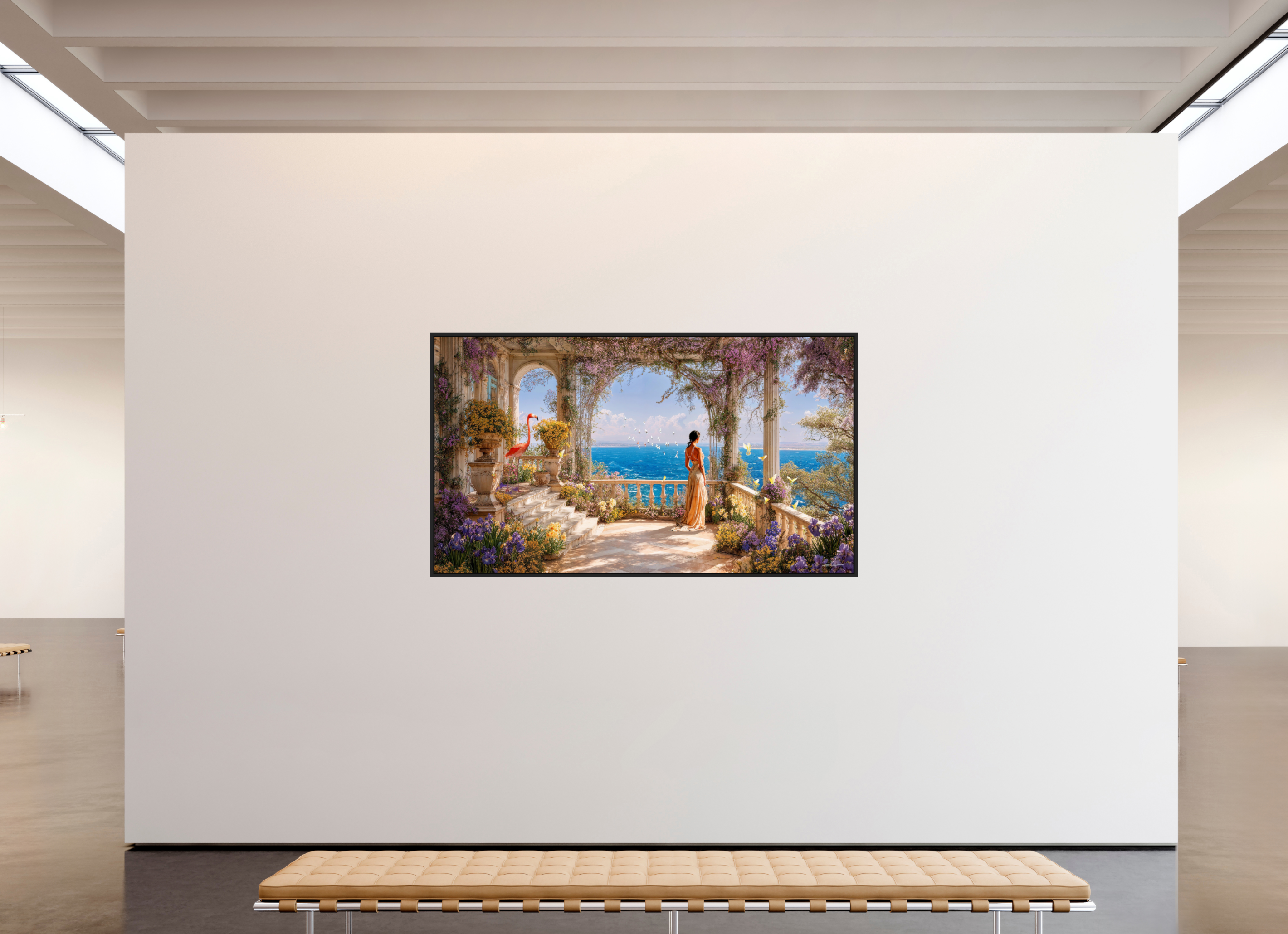 208 x 117 cm, Tirage photo sous plexi avec cadre Noir mat vue sur océan