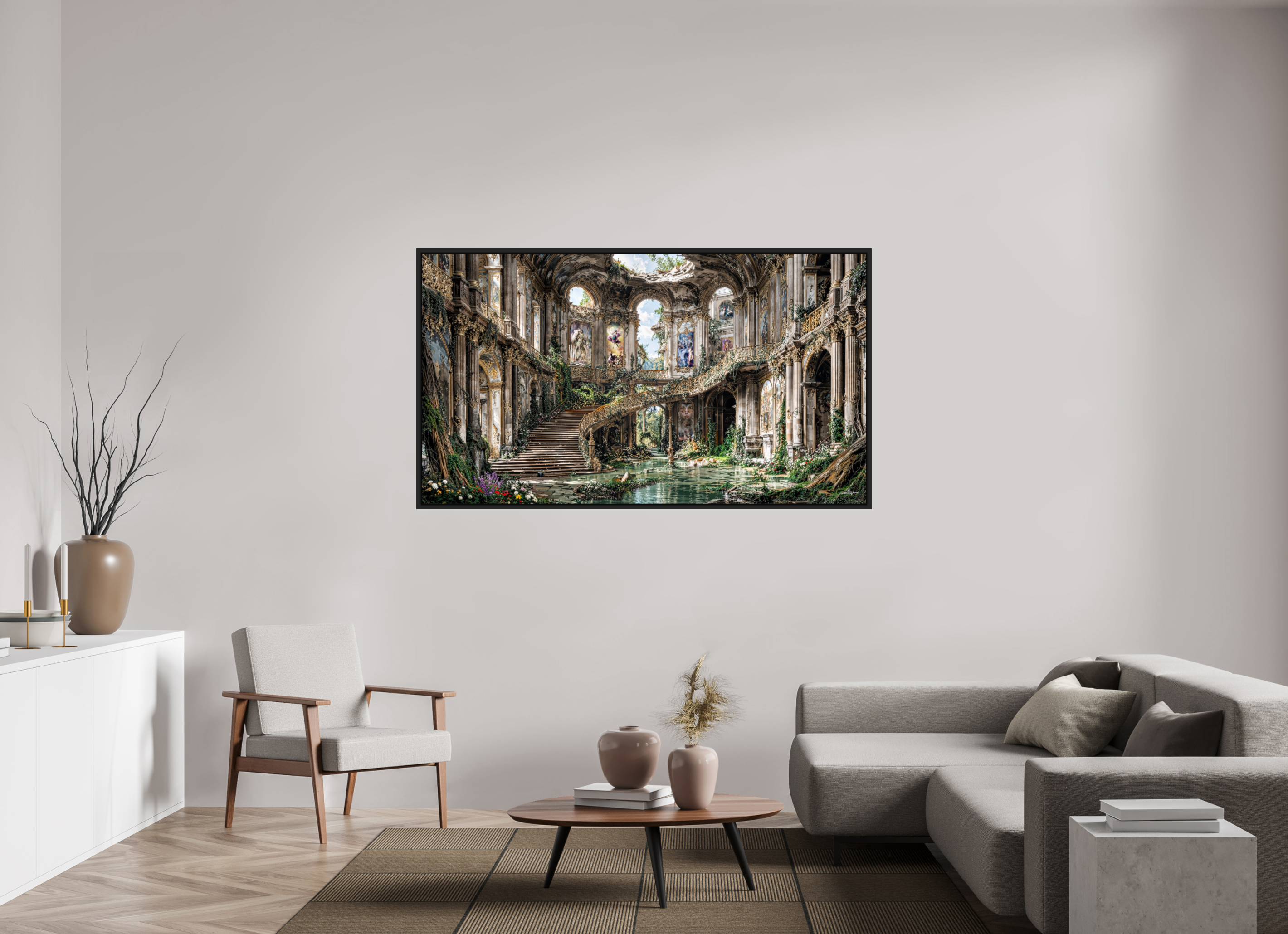 176 x 99 cm, Tirage photo sous plexi avec cadre Noir mat Le silence des ruines