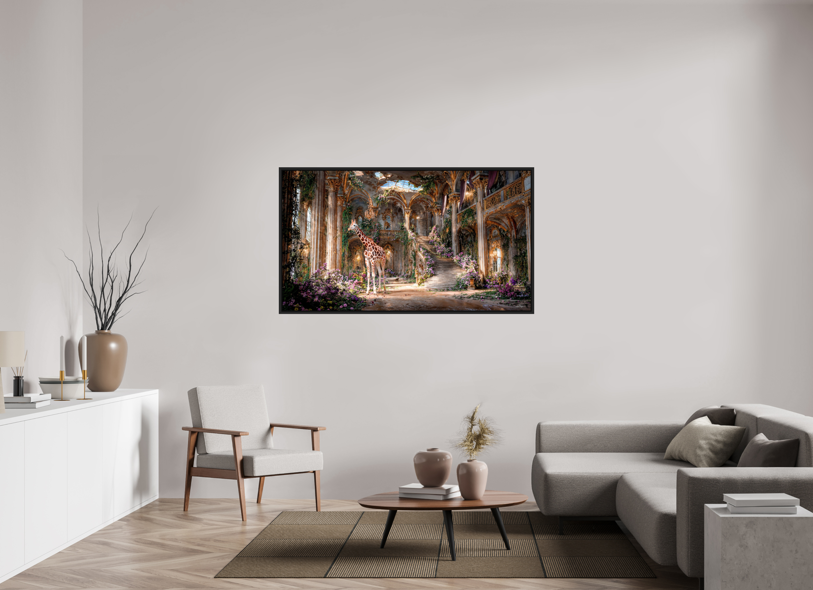 160 x 90 cm, Tirage photo sous plexi avec cadre Noir mat la girafe