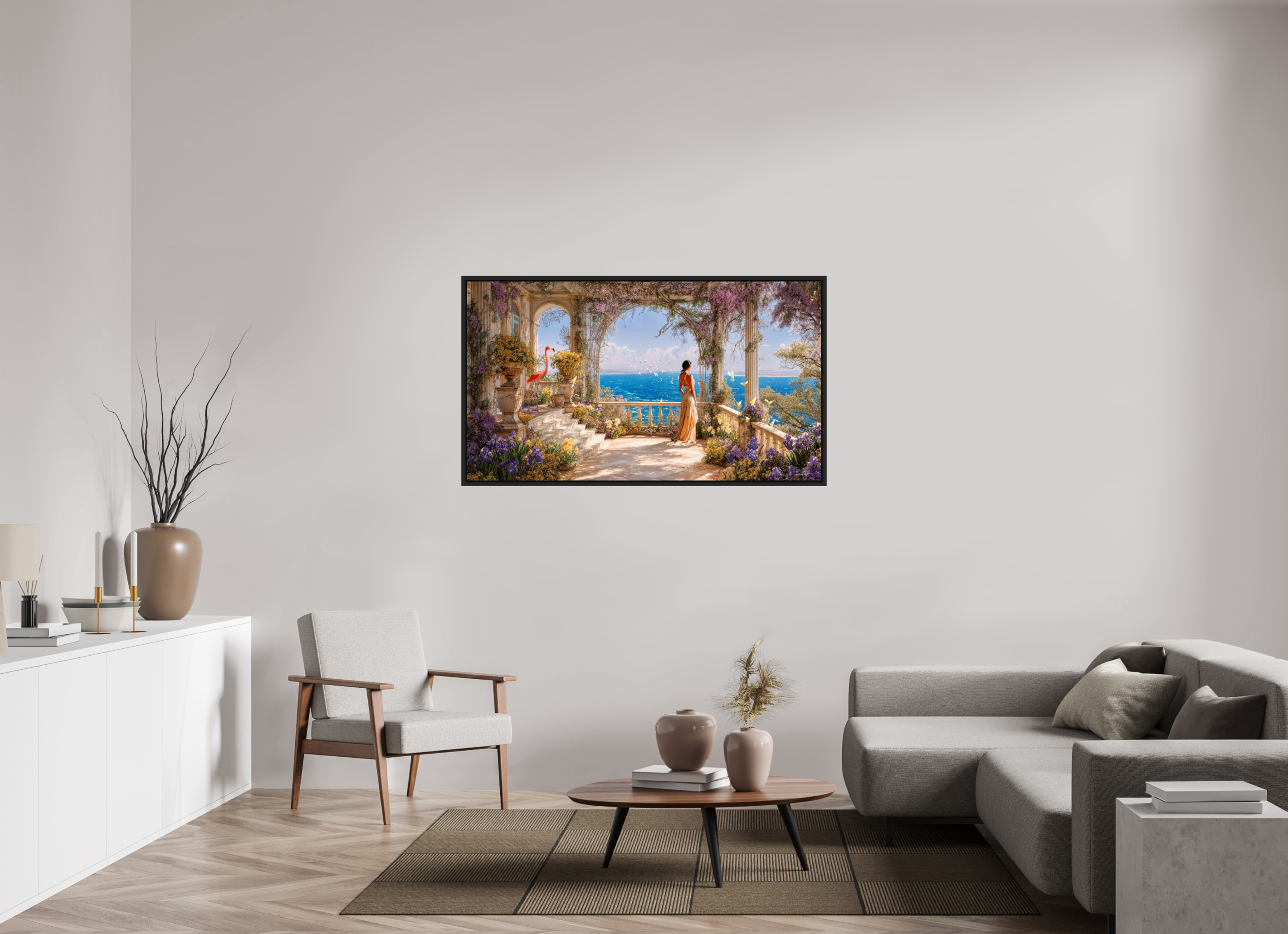 144 x 81 cm, Tirage photo sous plexi avec cadre Noir mat vue sur océan