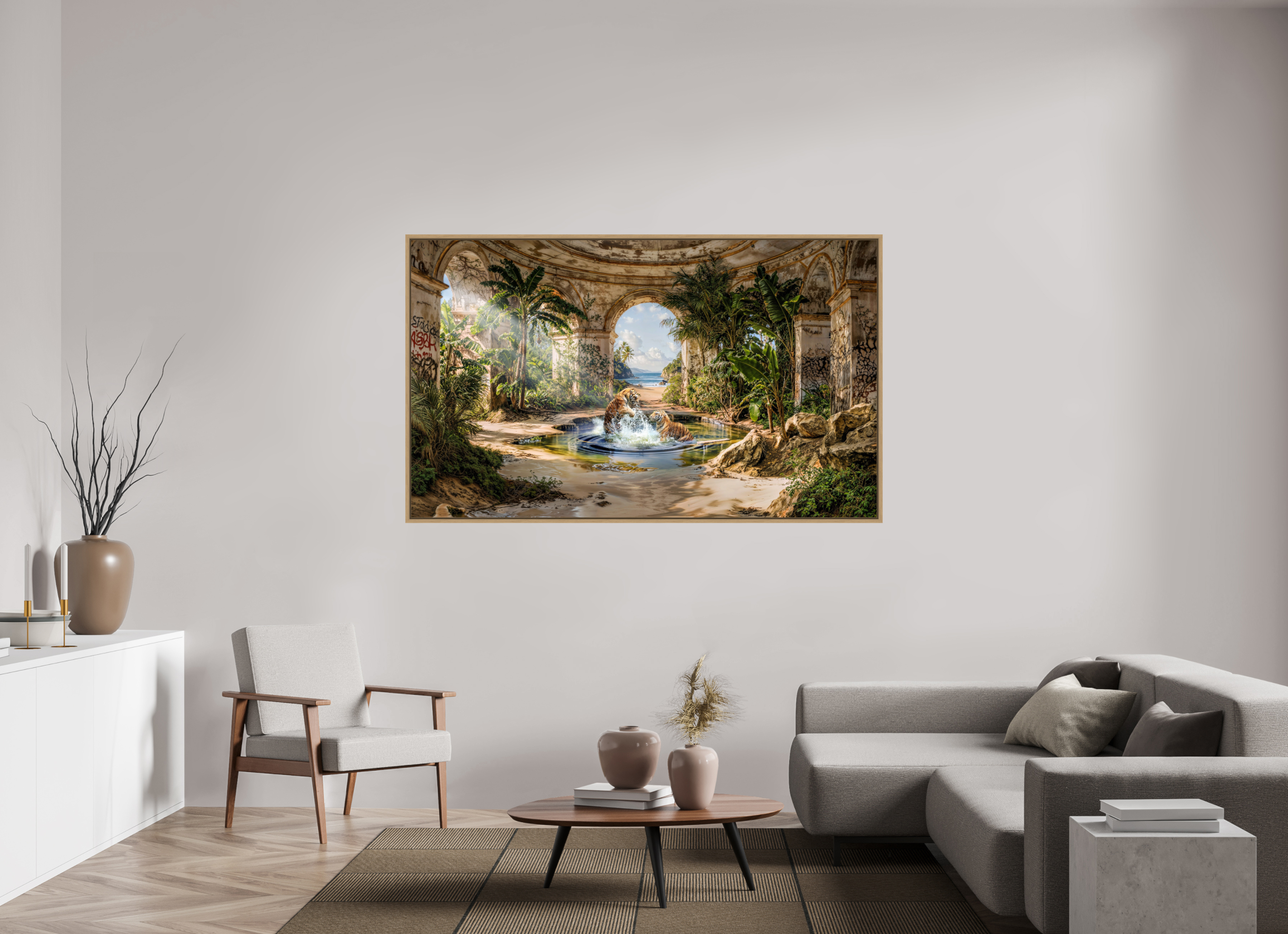 184,7 x 110 cm, Tirage photo sous plexi avec cadre Chêne naturel Le sanctuaire