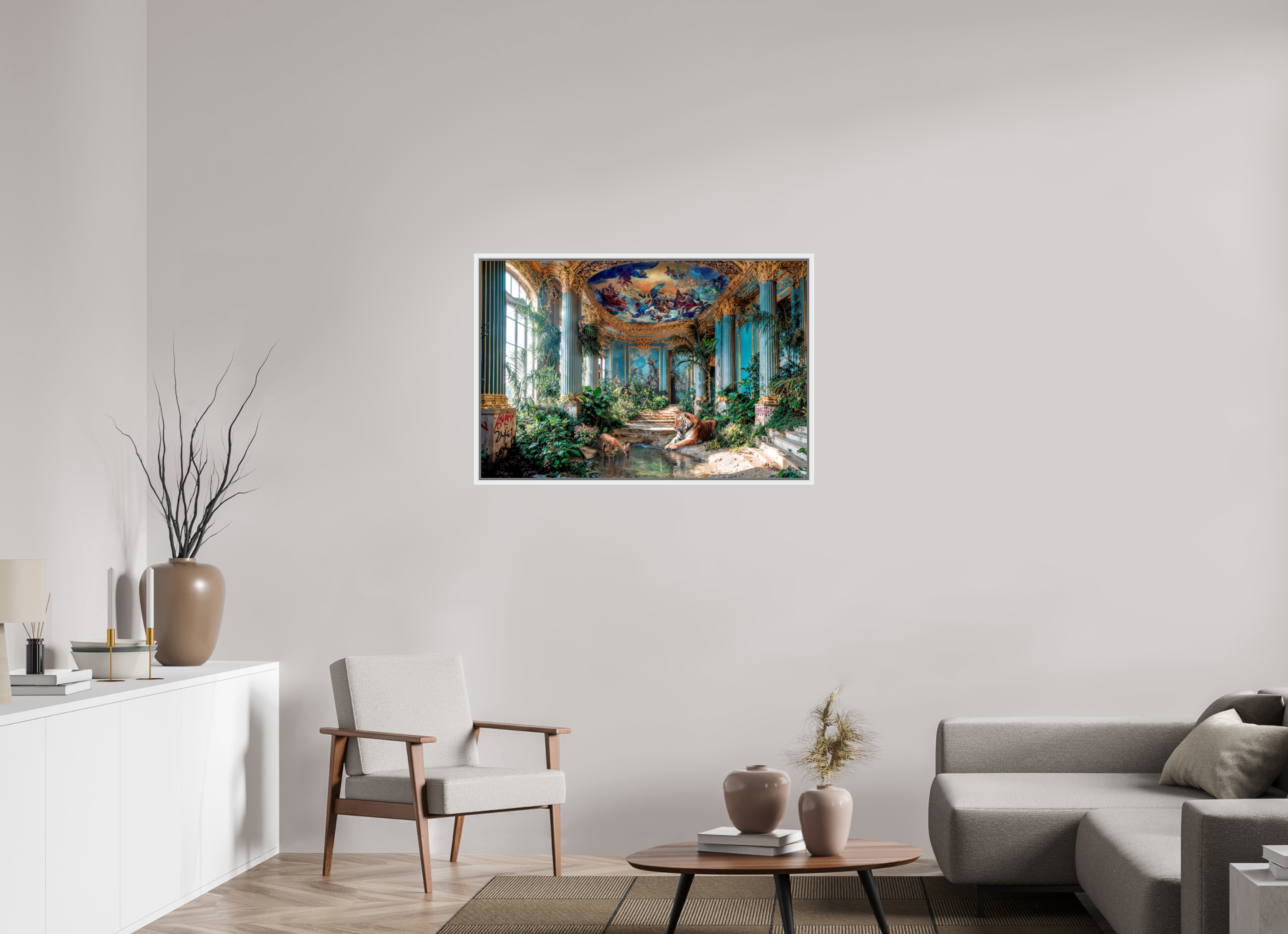 105 x 70 cm, Tirage photo sous plexi avec cadre Blanc le tigre et le faon