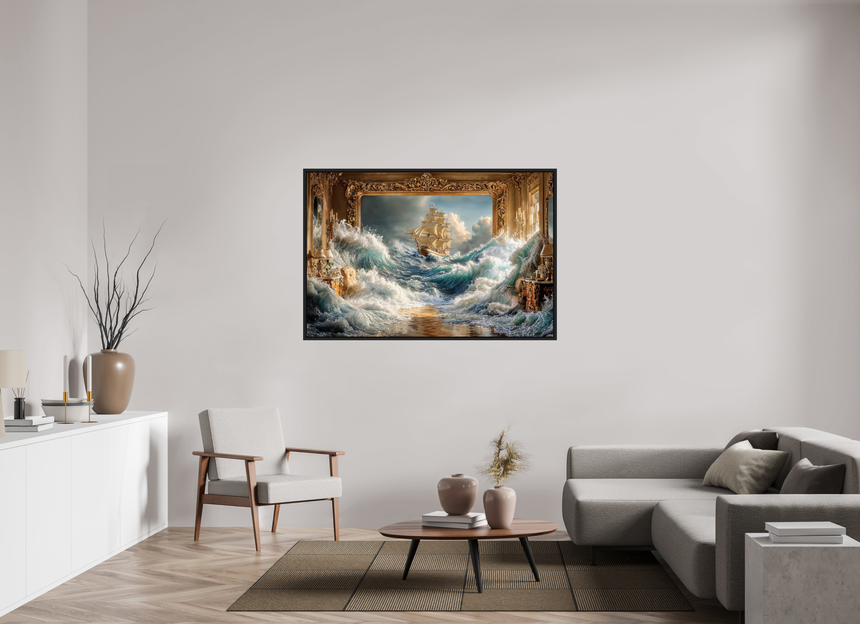 150 x 100 cm, Tirage photo sous plexi avec cadre Noir mat Le bateau