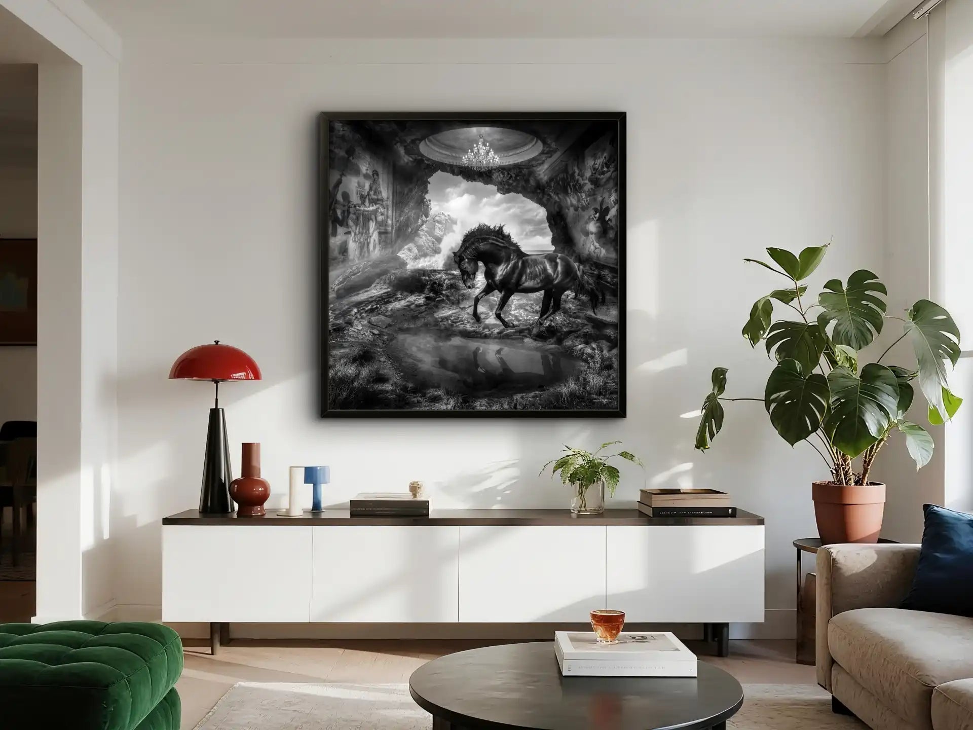 Tableau d'un cheval noir majestueux accroché au-dessus d'un buffet blanc dans un salon moderne et lumineux.