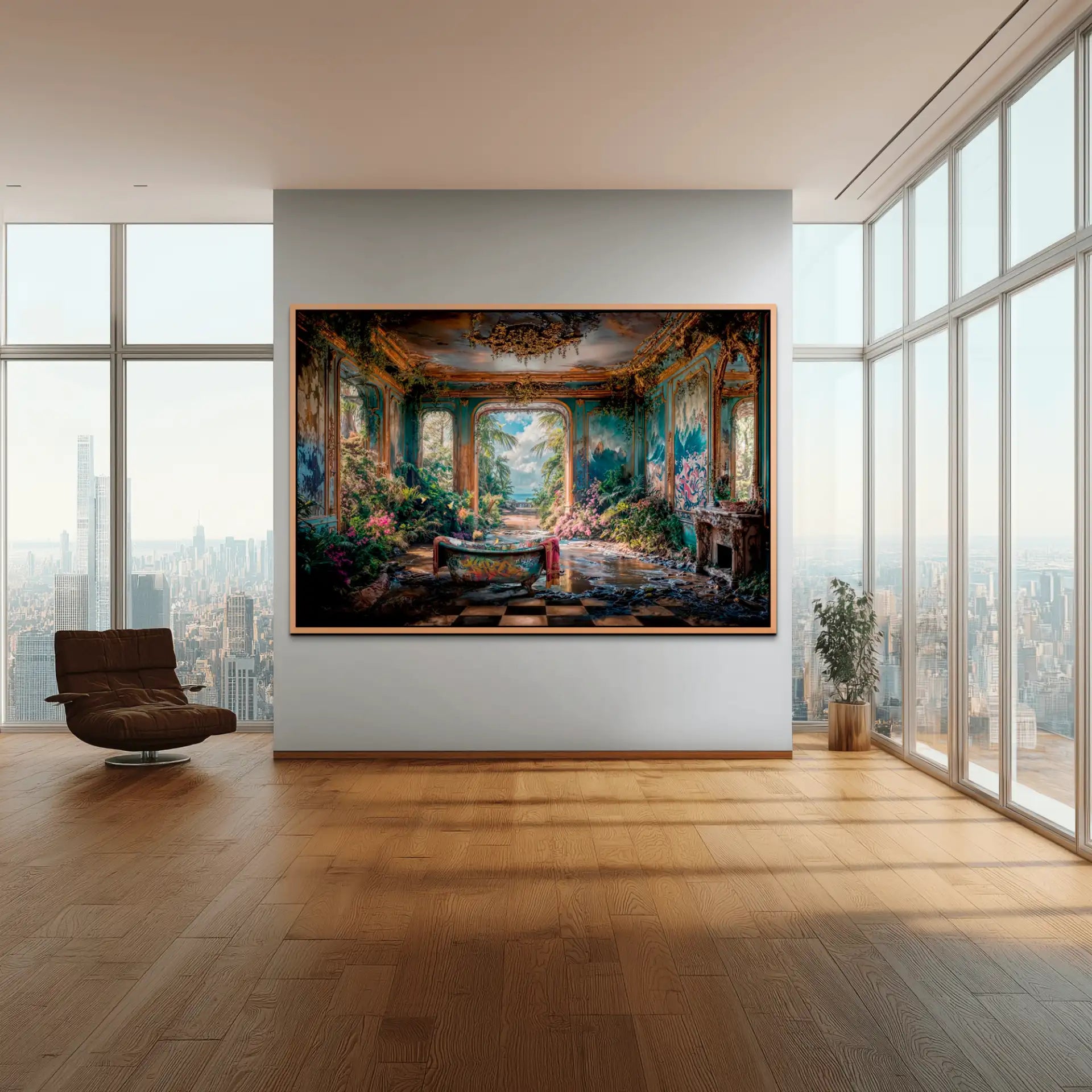 Tableau surréaliste d'un palais envahi par la végétation exposé dans un loft spacieux avec vue sur une ville.