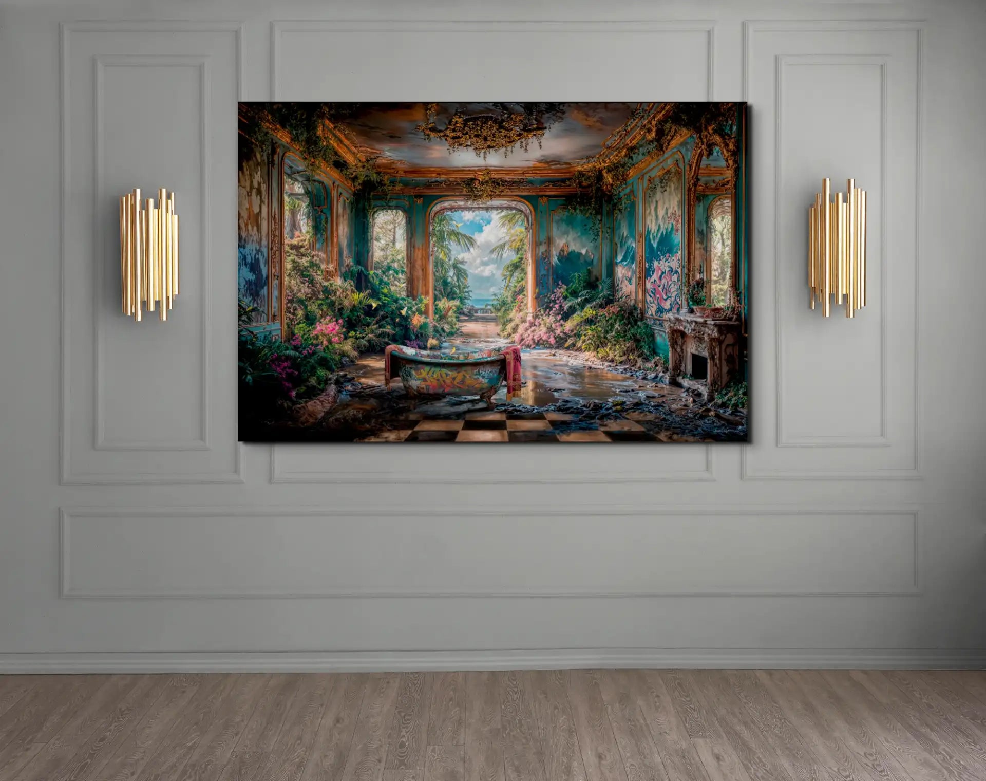 Tableau d'une salle de bain de palais abandonnée envahie par une jungle tropicale avec une baignoire centrale.