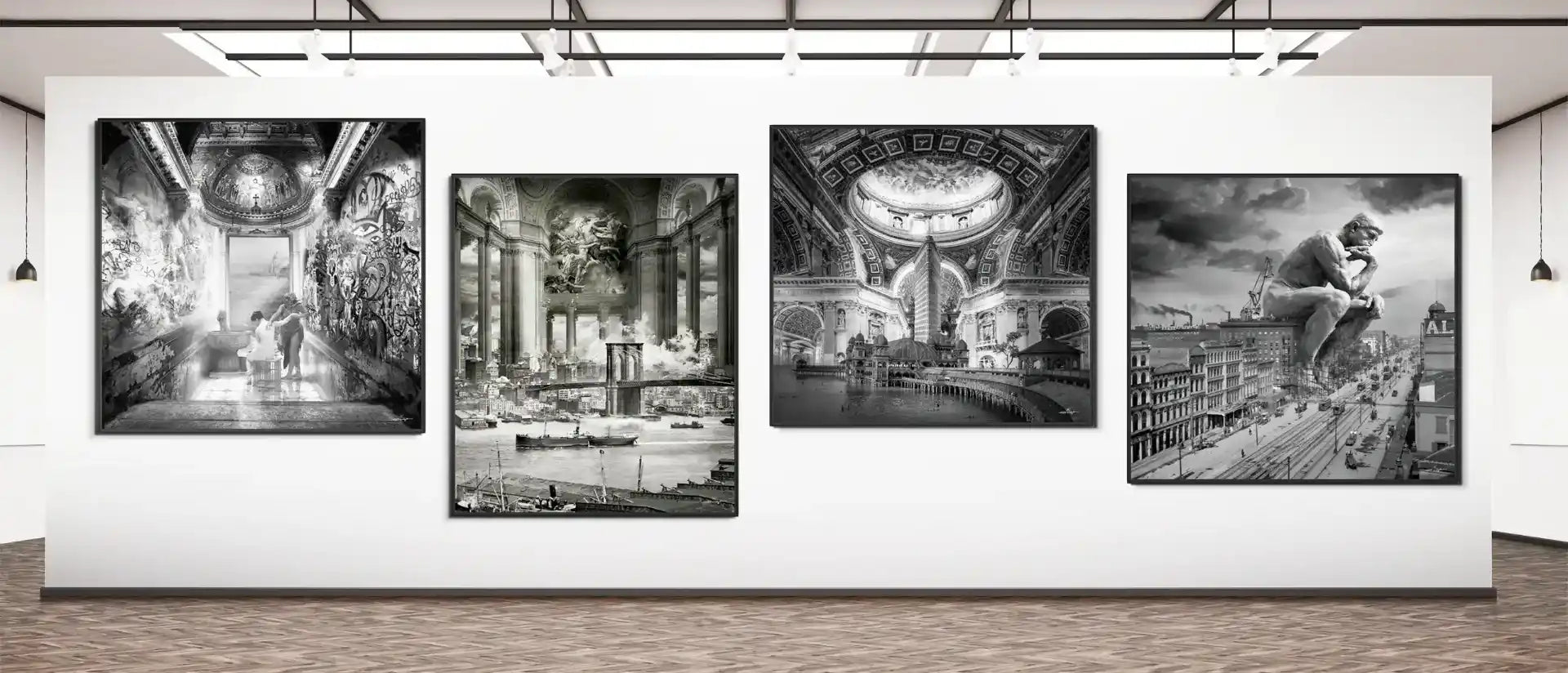 Quatre œuvres d'art monochromes exposées sur un mur blanc. Image