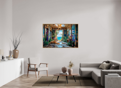 150 x 100 cm, Tirage photo sous plexi avec cadre Chêne naturel Vue sur mer et tigre