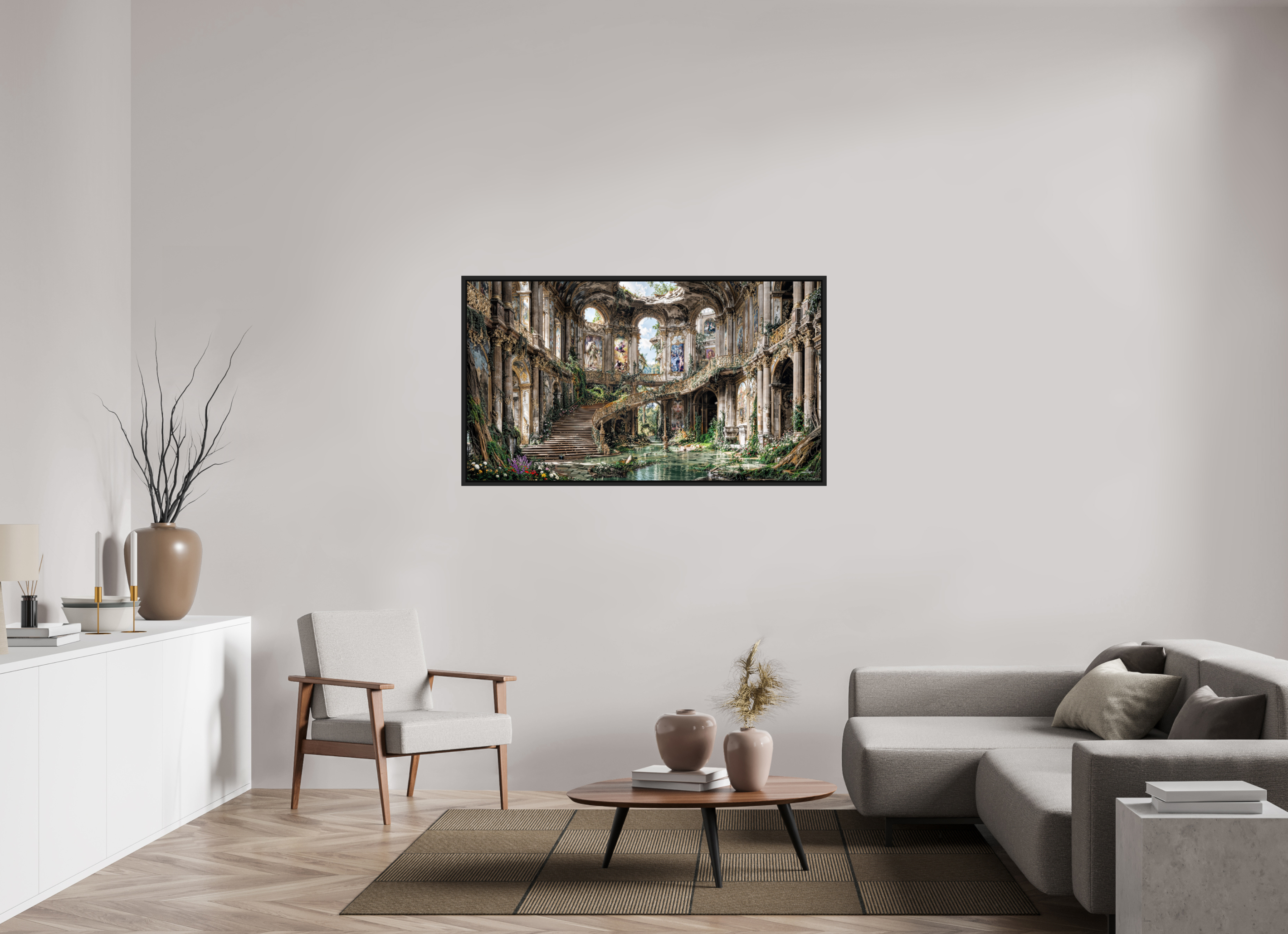 144 x 81 cm, Tirage photo sous plexi avec cadre Noir mat Le silence des ruines