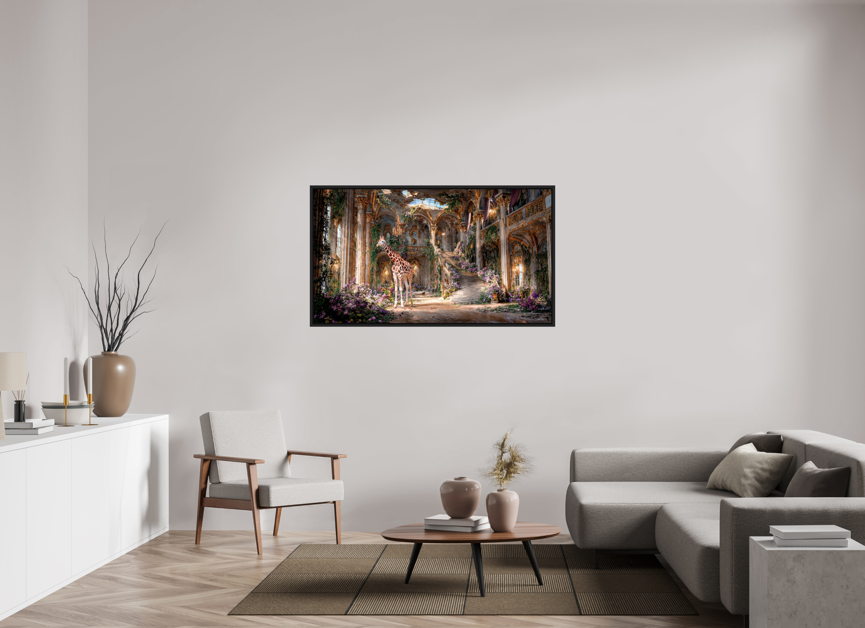 144 x 81 cm, Tirage photo sous plexi avec cadre Noir mat la girafe