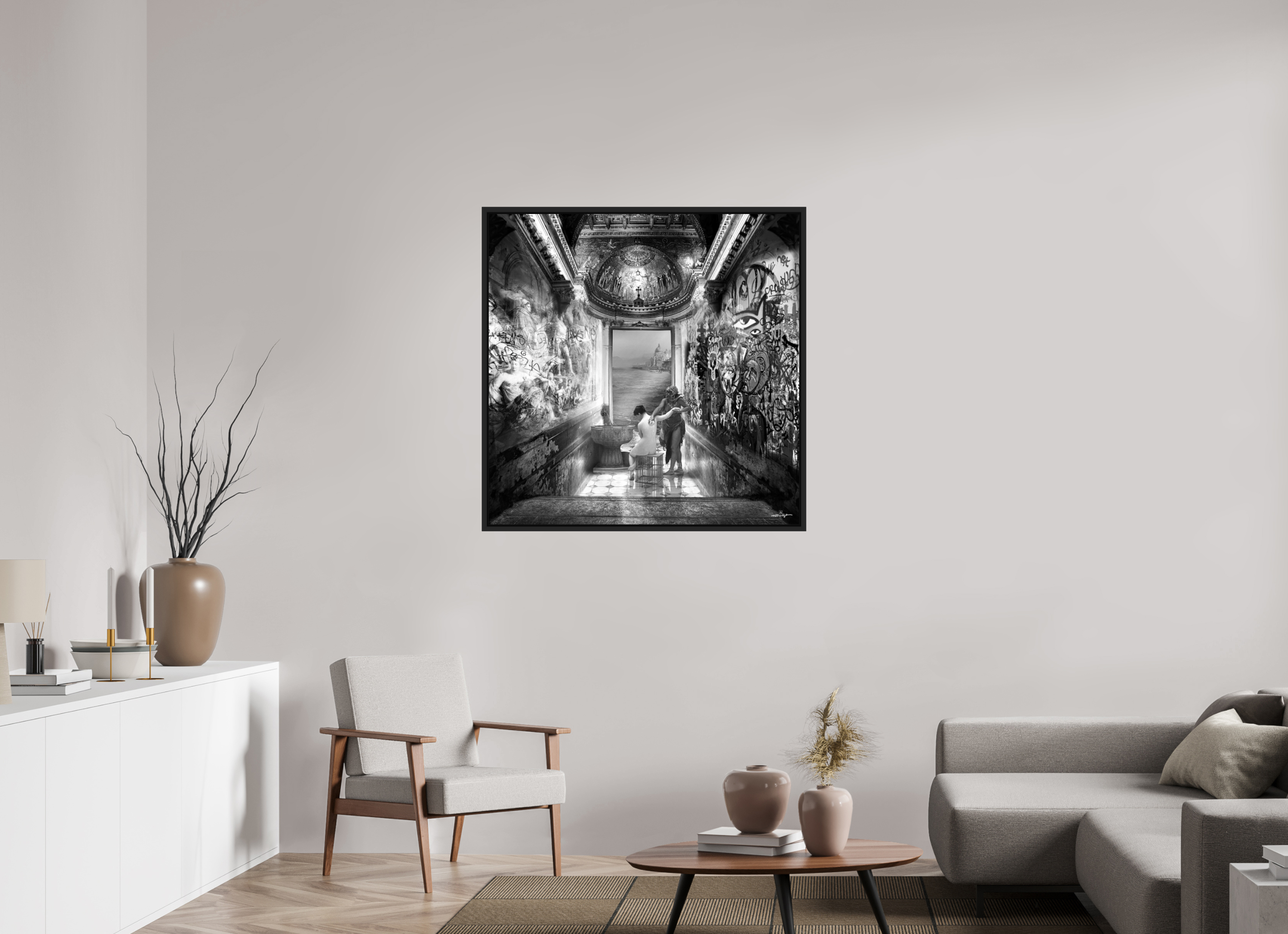 100 x 100 cm, Tirage photo sous plexi avec cadre Noir mat Le bain