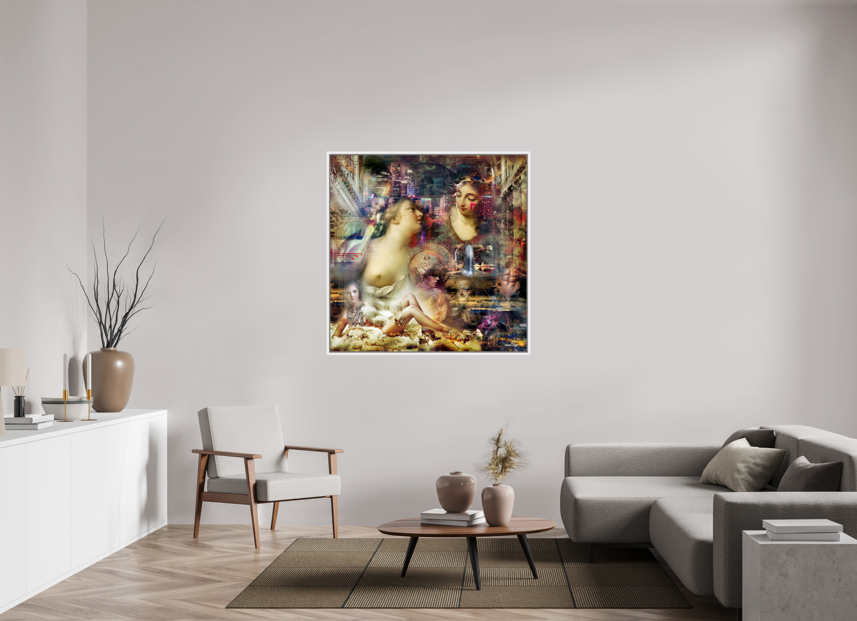 120 x 120 cm, Tirage photo sous plexi avec cadre Blanc Allégorie de l'abondance