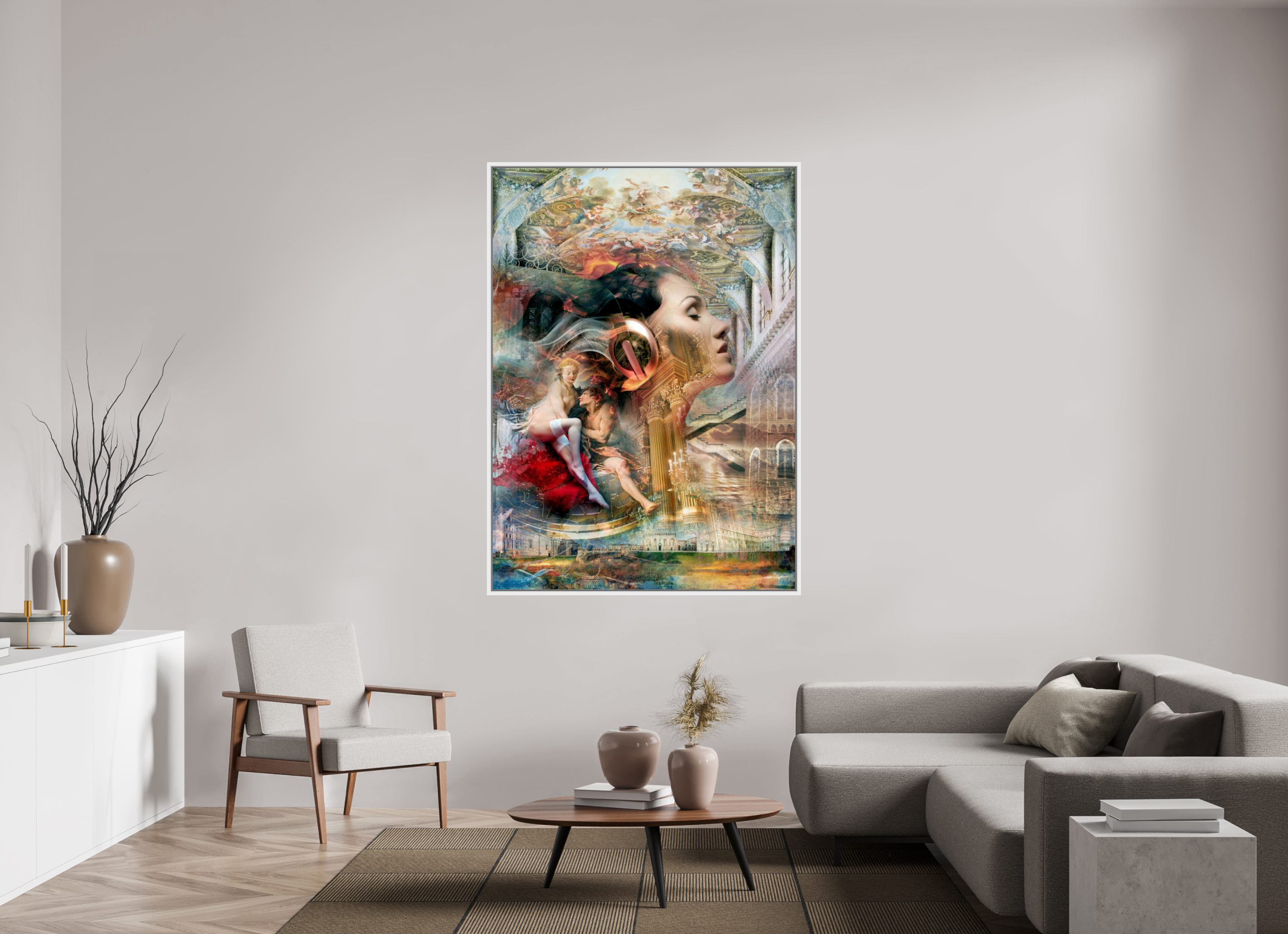 120 x 167,2 cm, Tirage photo sous plexi avec cadre Blanc Allégorie du désir