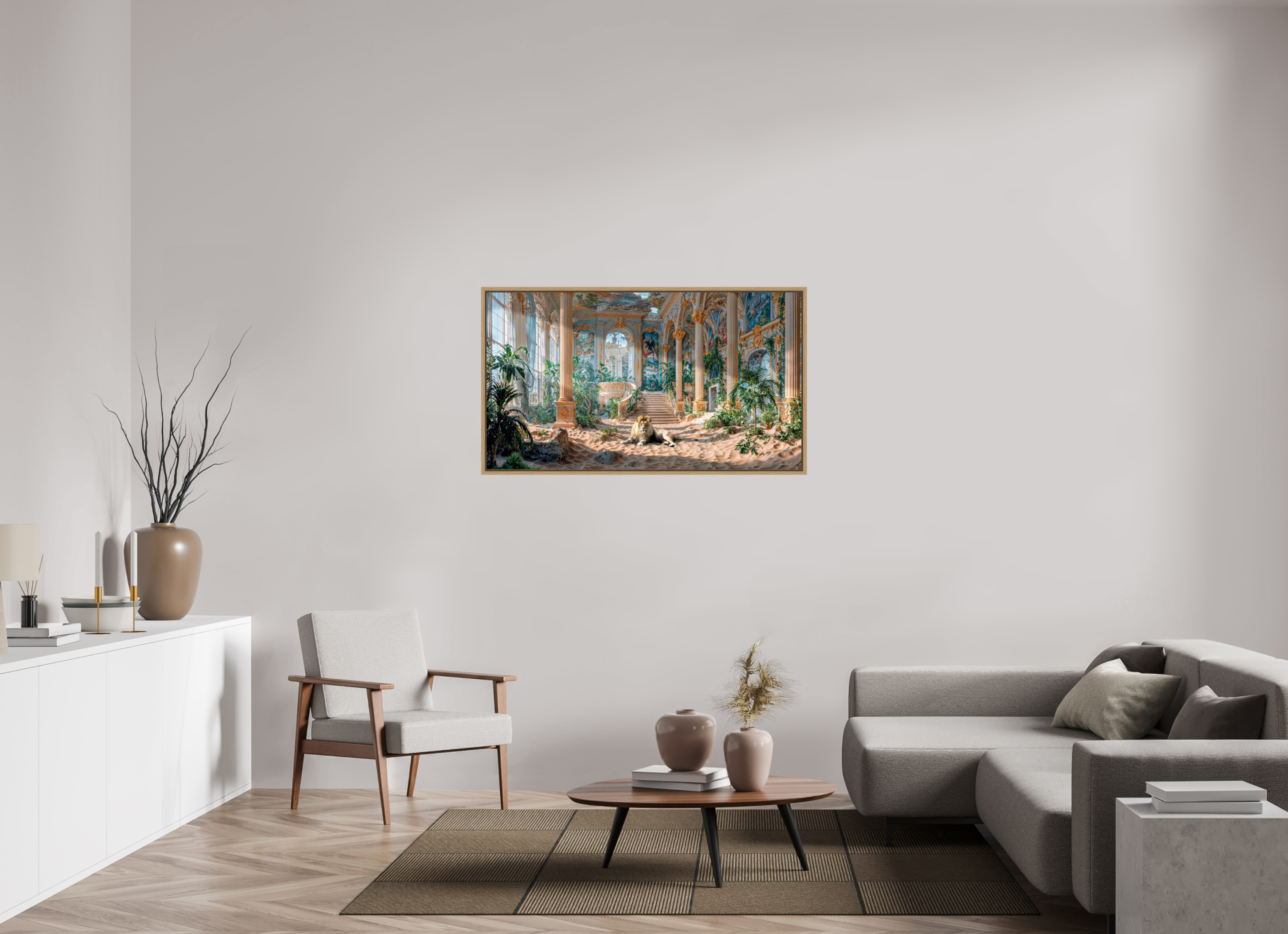 128 x 72 cm, Tirage photo sous plexi avec cadre Chêne naturel Le gardien