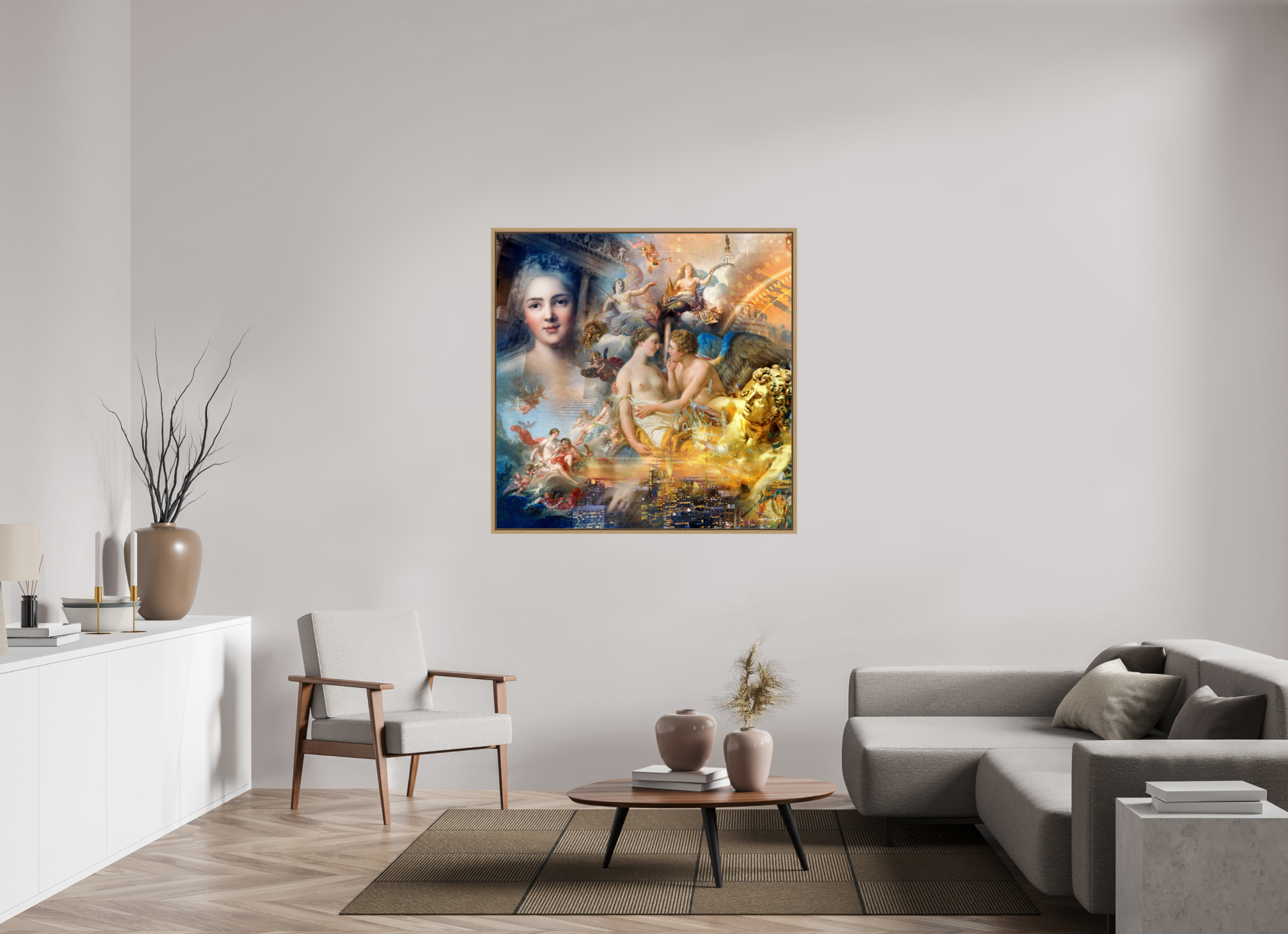 120 x 120 cm, Tirage photo sous plexi avec cadre Chêne naturel Allégorie