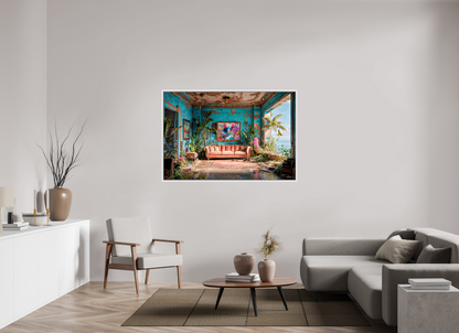 150 x 100 cm, Tirage photo sous plexi avec cadre Blanc Salon sur océan 2