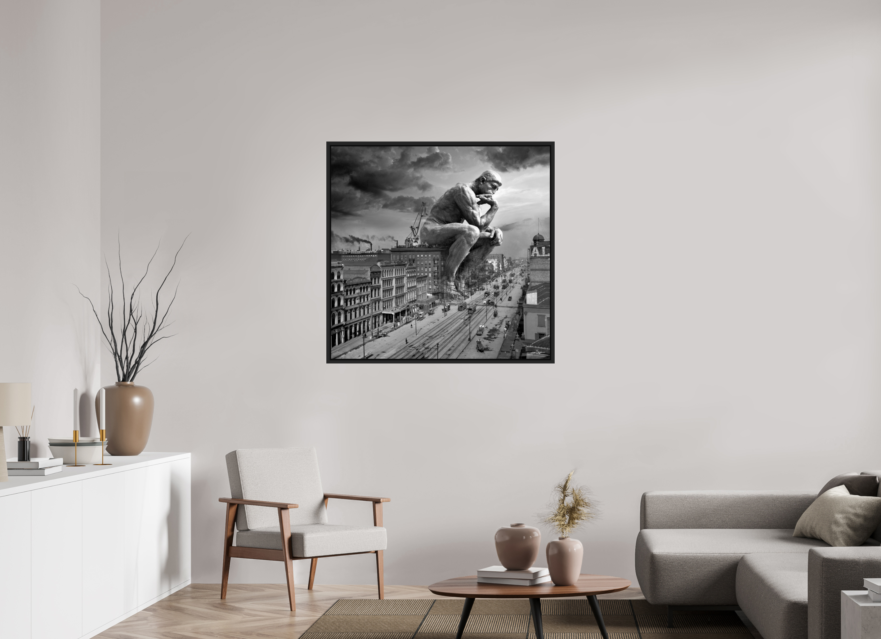 103 x 100 cm, Tirage photo sous plexi avec cadre Noir mat The thinker