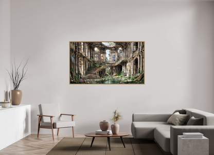 176 x 99 cm, Tirage photo sous plexi avec cadre Chêne naturel Le silence des ruines