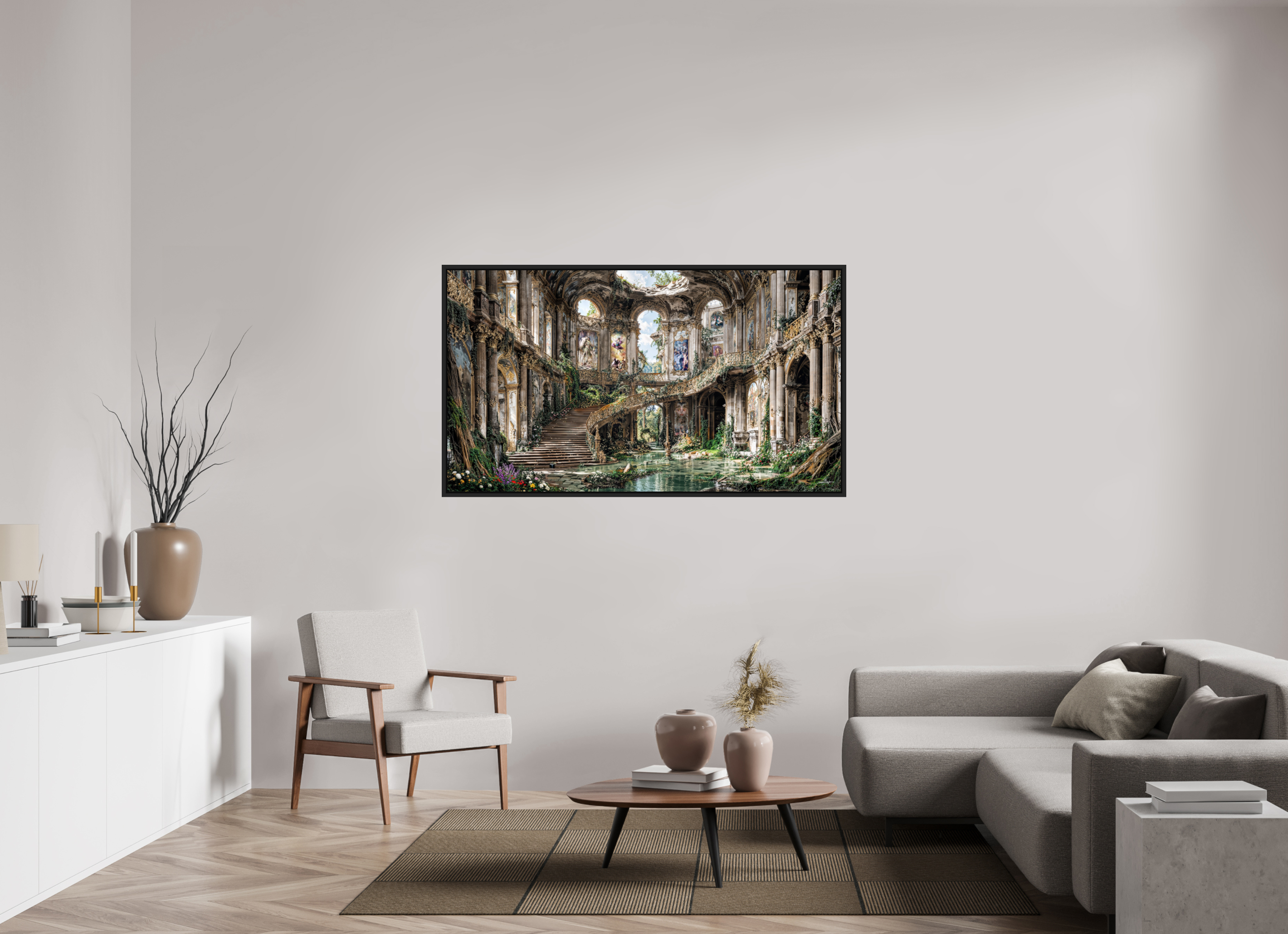 160 x 90 cm, Tirage photo sous plexi avec cadre Noir mat Le silence des ruines