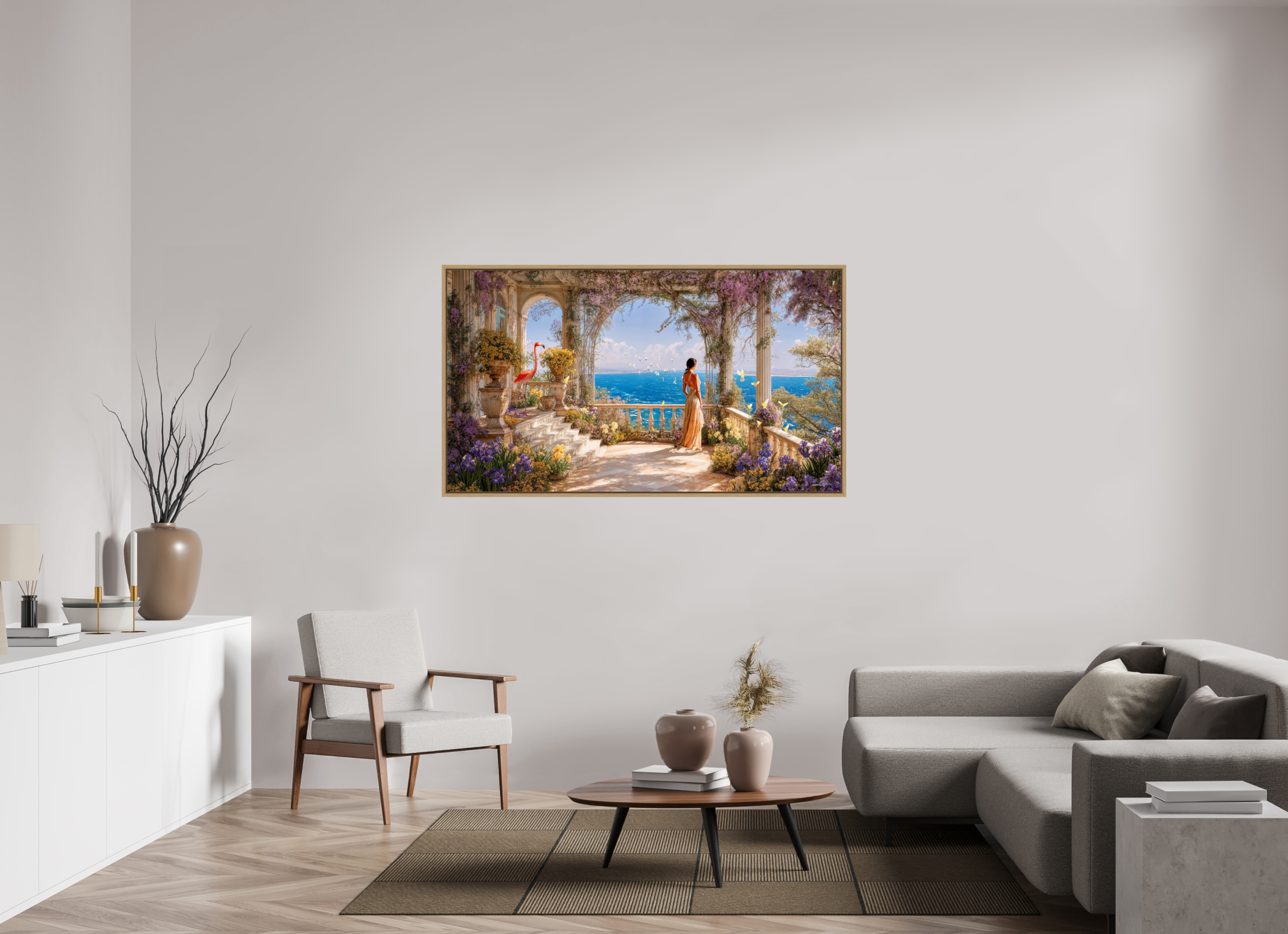 160 x 90 cm, Tirage photo sous plexi avec cadre Chêne naturel Vue sur océan