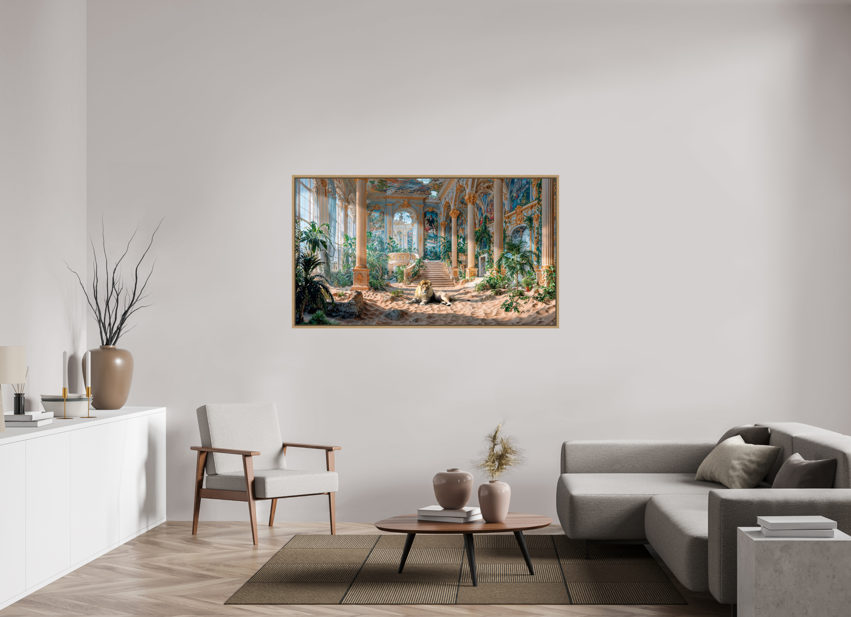 160 x 90 cm, Tirage photo sous plexi avec cadre Chêne naturel Le gardien