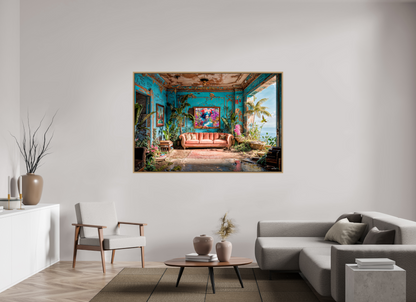 180 x 120 cm, Tirage photo sous plexi avec cadre Chêne naturel Salon sur océan 2