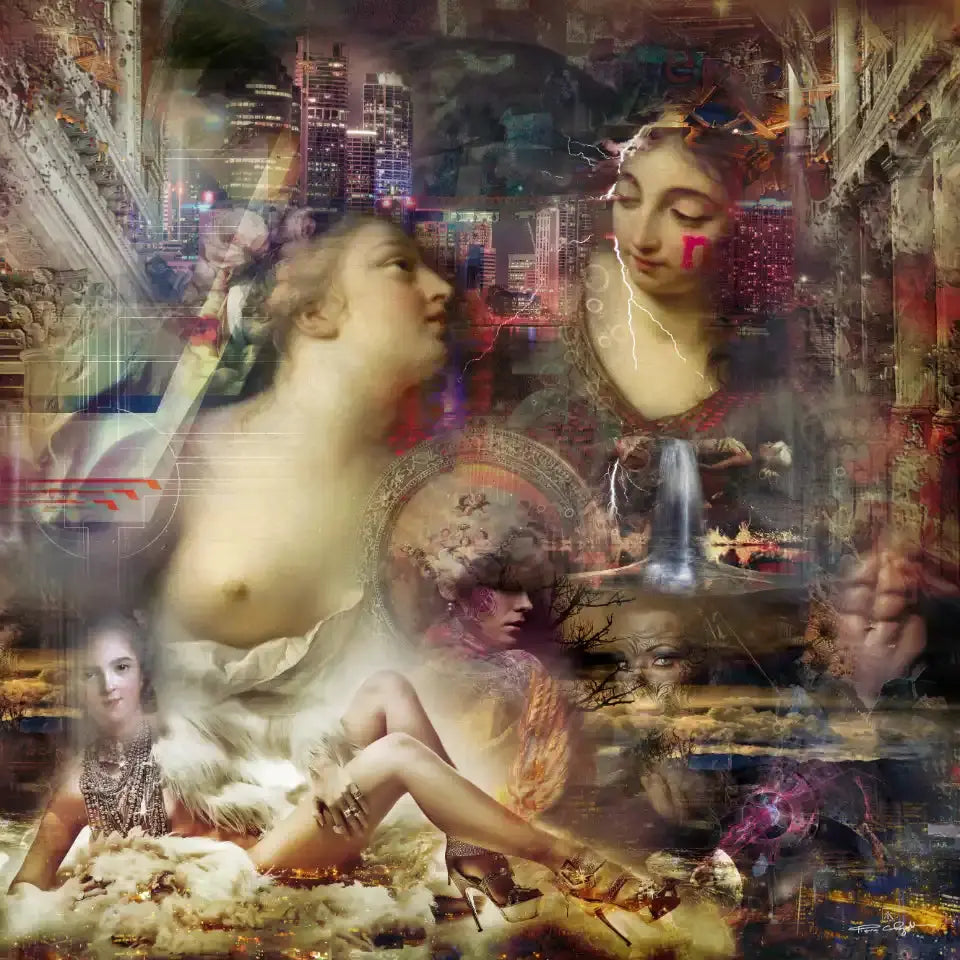 Collage surréaliste mêlant figures féminines classiques et modernes, villes, ruines, cascade et éléments oniriques.