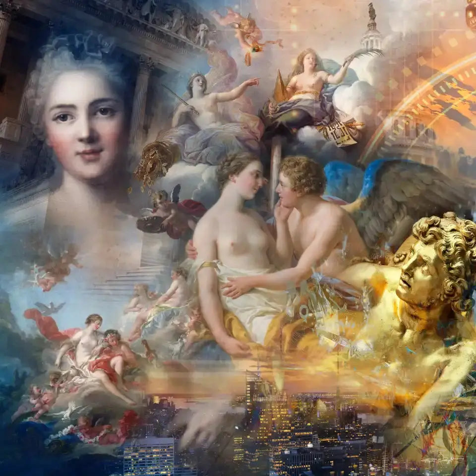 Collage d'œuvres d'art classiques avec des figures mythologiques, un portrait de femme de l'époque rococo et une vue nocturne de ville moderne.