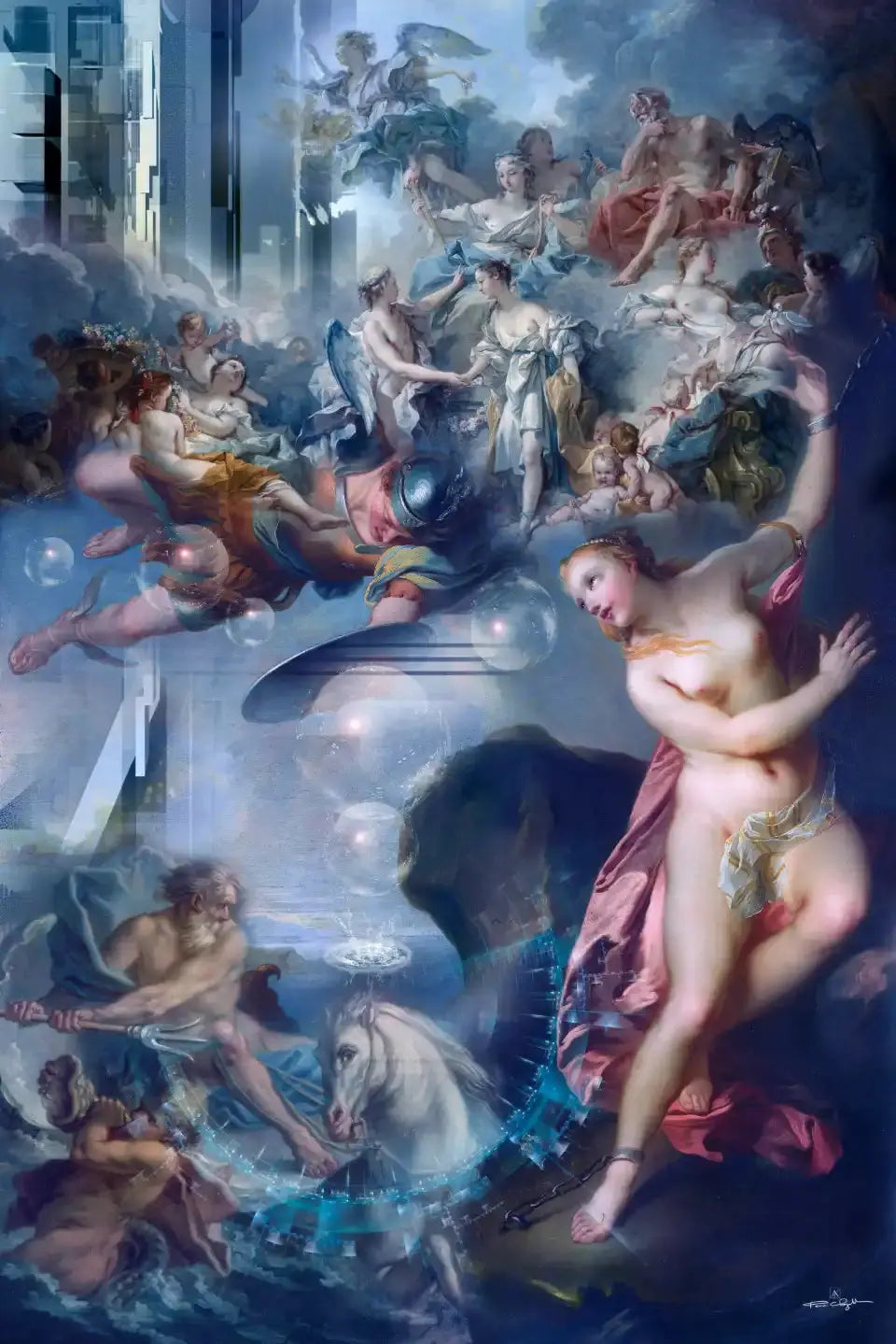 Composition artistique mélangeant des figures mythologiques classiques et des éléments architecturaux modernes.