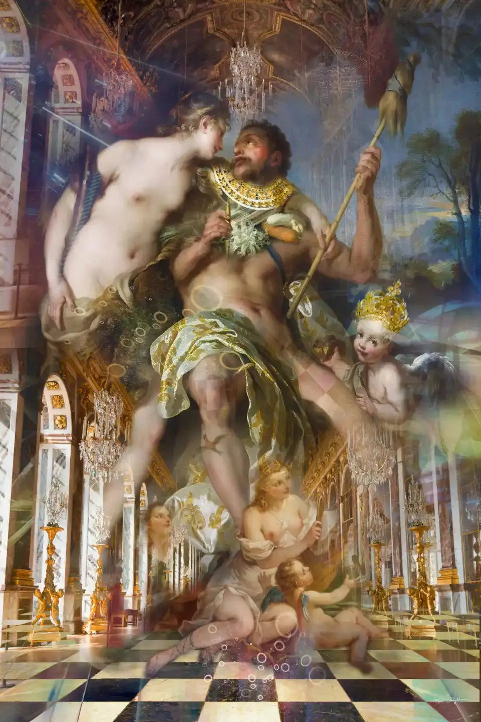 Représentation baroque d'un homme et d'une femme nus, avec un cupidon couronné et d'autres figures dans un décor architectural somptueux.