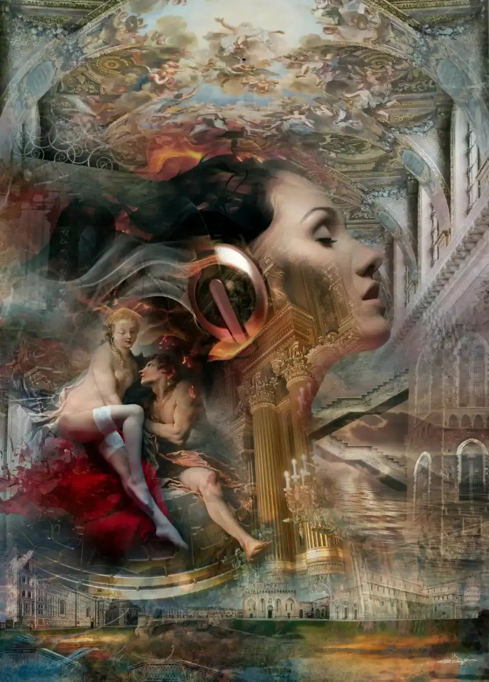 Collage surréaliste d'un profil de femme avec des écouteurs sur fond d'architecture classique, de fresques célestes et de scènes mythologiques.