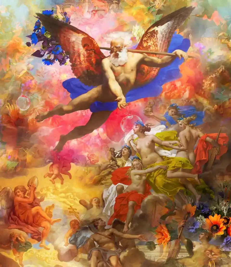 Représentation allégorique d'une divinité masculine ailée, barbue, tenant un bâton, entourée de figures féminines nues et d'angelots dans un ciel tourbillonnant de couleurs vives, évoquant un style baroque.
