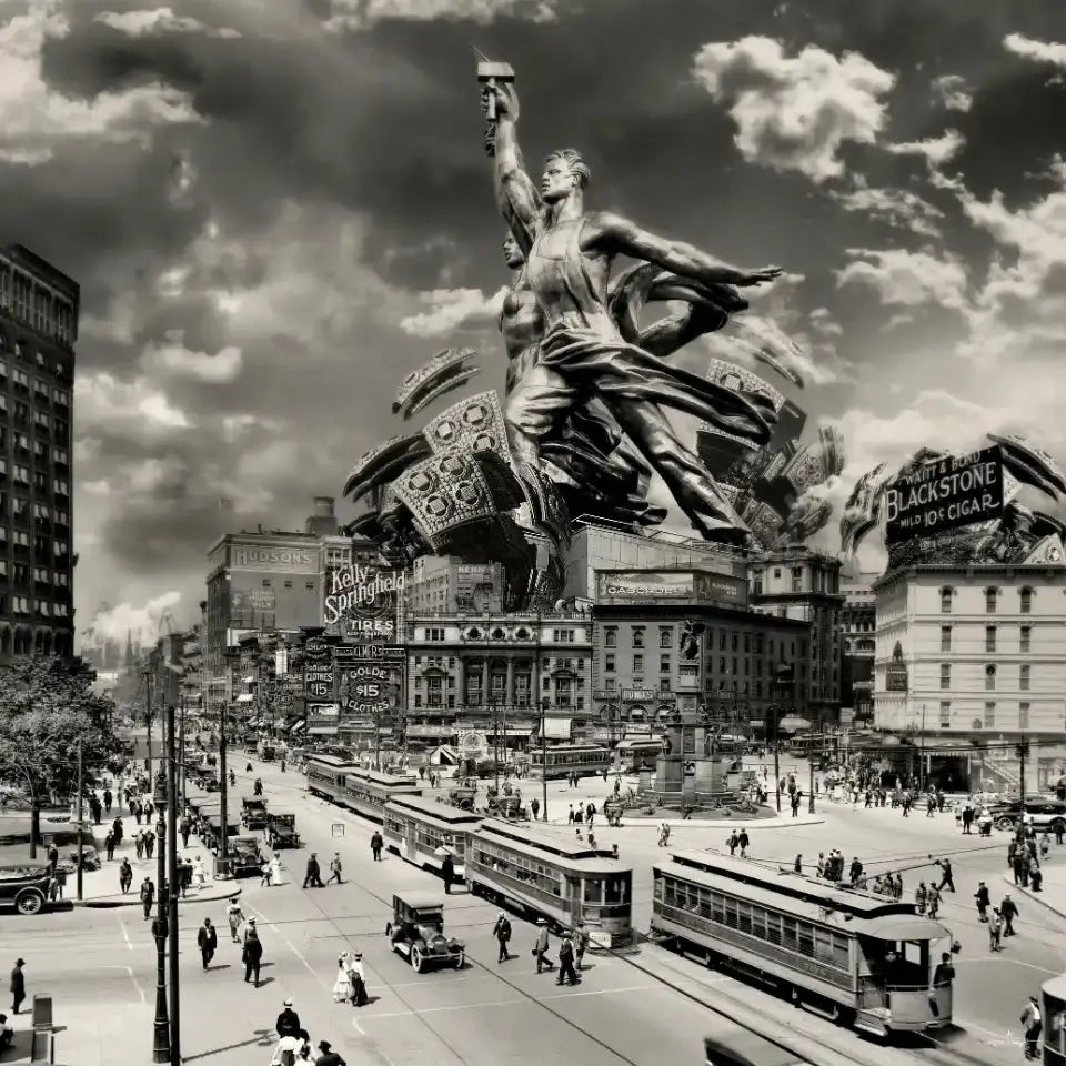 Sculpture monumentale d'un ouvrier tenant un marteau, survolant une rue animée d'une ville américaine des années 1930, avec tramways et circulation.
