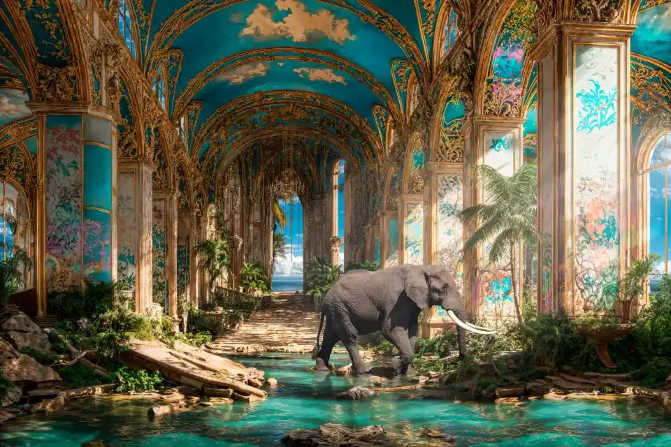 Éléphant traversant un étang dans un palais oriental orné de végétation luxuriante et de décorations dorées.