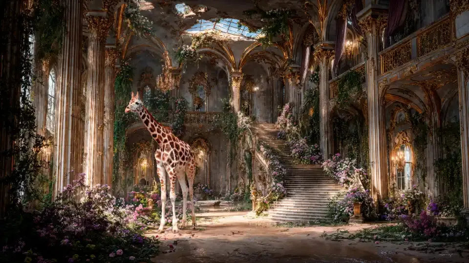 Une girafe se tient au milieu d'un grand hall de palais en ruines, envahi par la végétation luxuriante et les fleurs roses.