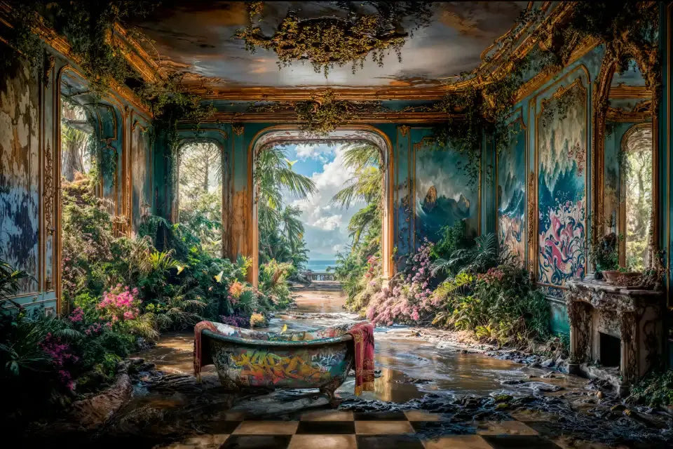 Baignoire ancienne recouverte de graffitis dans une pièce en ruine remplie de végétation tropicale luxuriante, avec une vue sur l'océan à travers une arche.